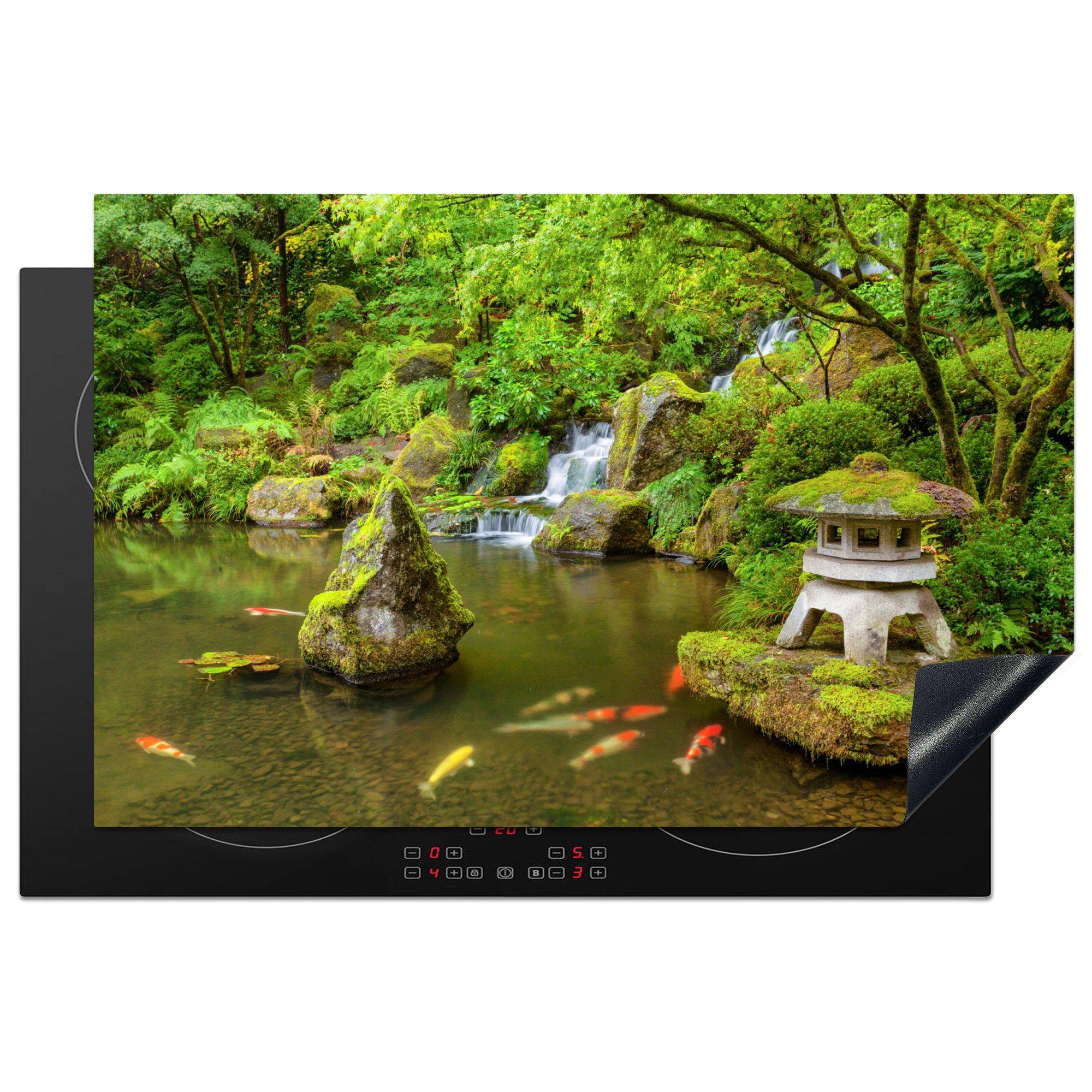 MuchoWow Herdblende-/Abdeckplatte Wasserfall - Koi - Japanische Laterne - Moos - Wasser, Vinyl, (1 tlg), 81x52 cm, Induktionskochfeld Schutz für die küche, Ceranfeldabdeckung