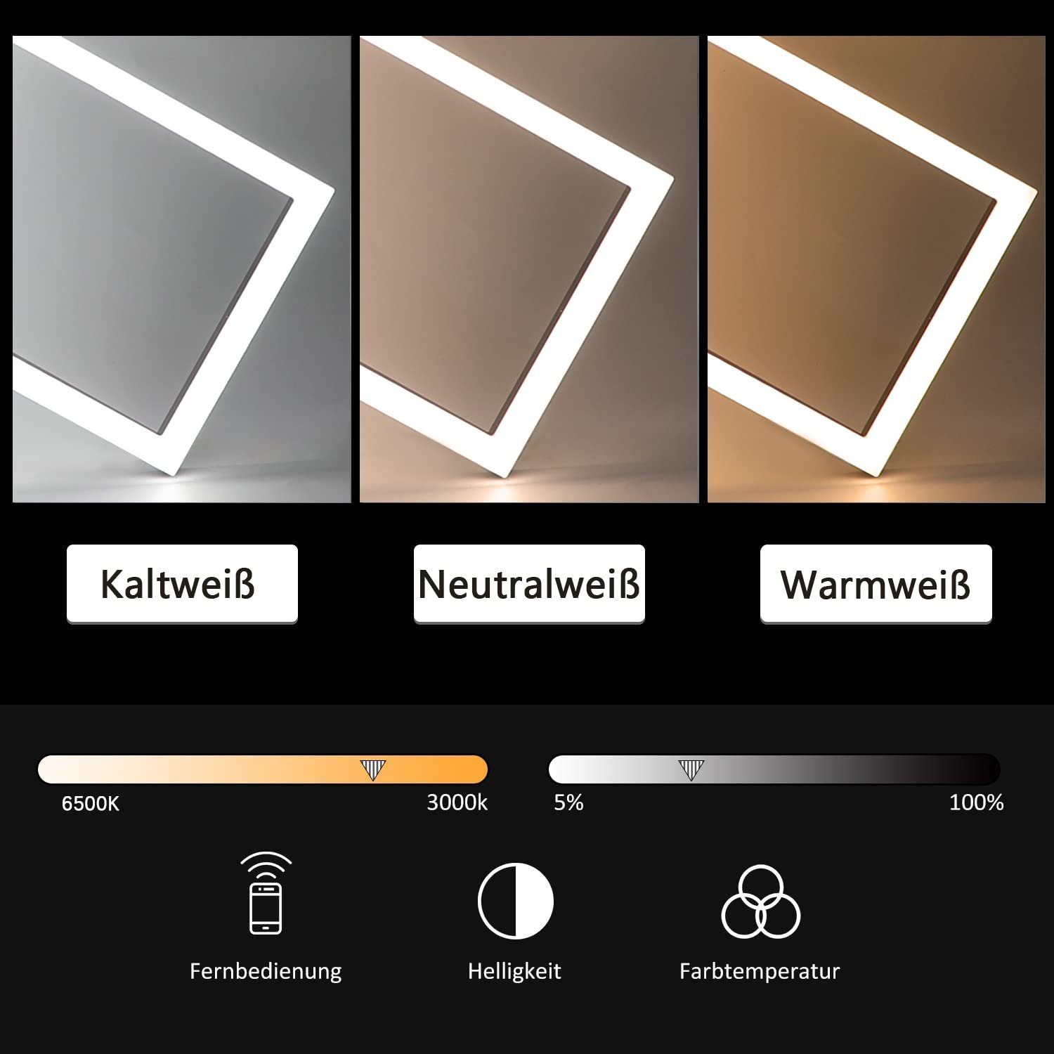 ZMH Deckenleuchten Modernes Rautendesign mit Rahmen 48W/63W Schlafzimmer Dimmbar, LED fest integriert, Tageslichtweiß, Weiß/Schwarz