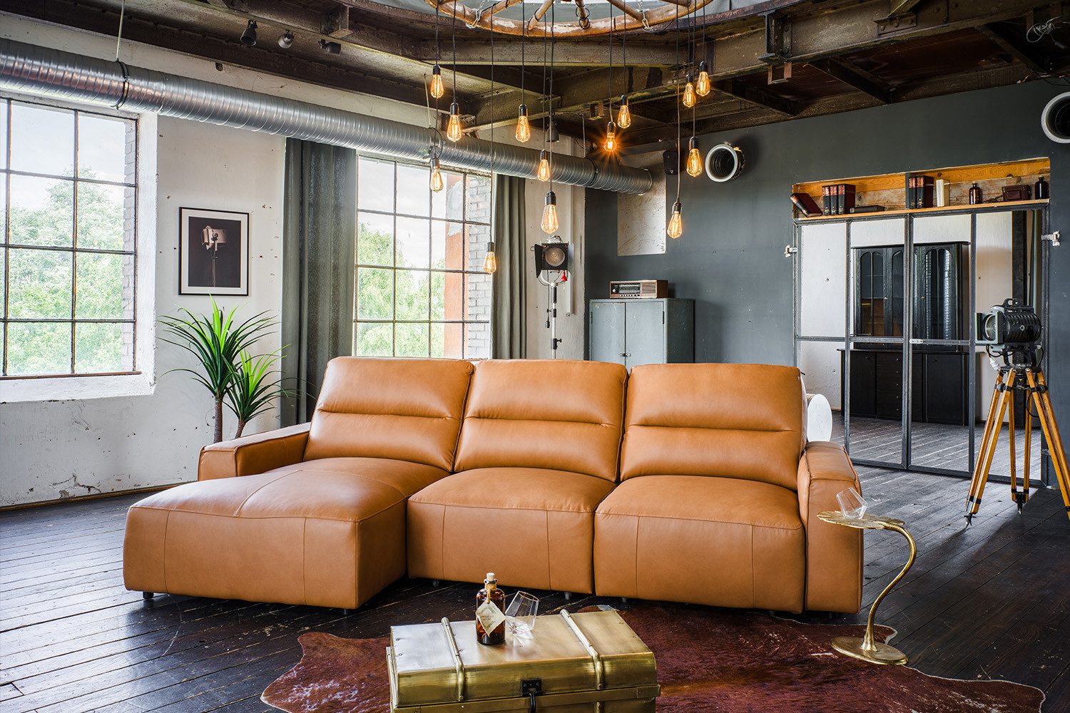 KAWOLA Big-Sofa DORI Eckcouch mit Longchair - Entspannung pur - Familiencouch, Motorischer Sitzvorzug, Leder cognac, Wohnzimmercouch