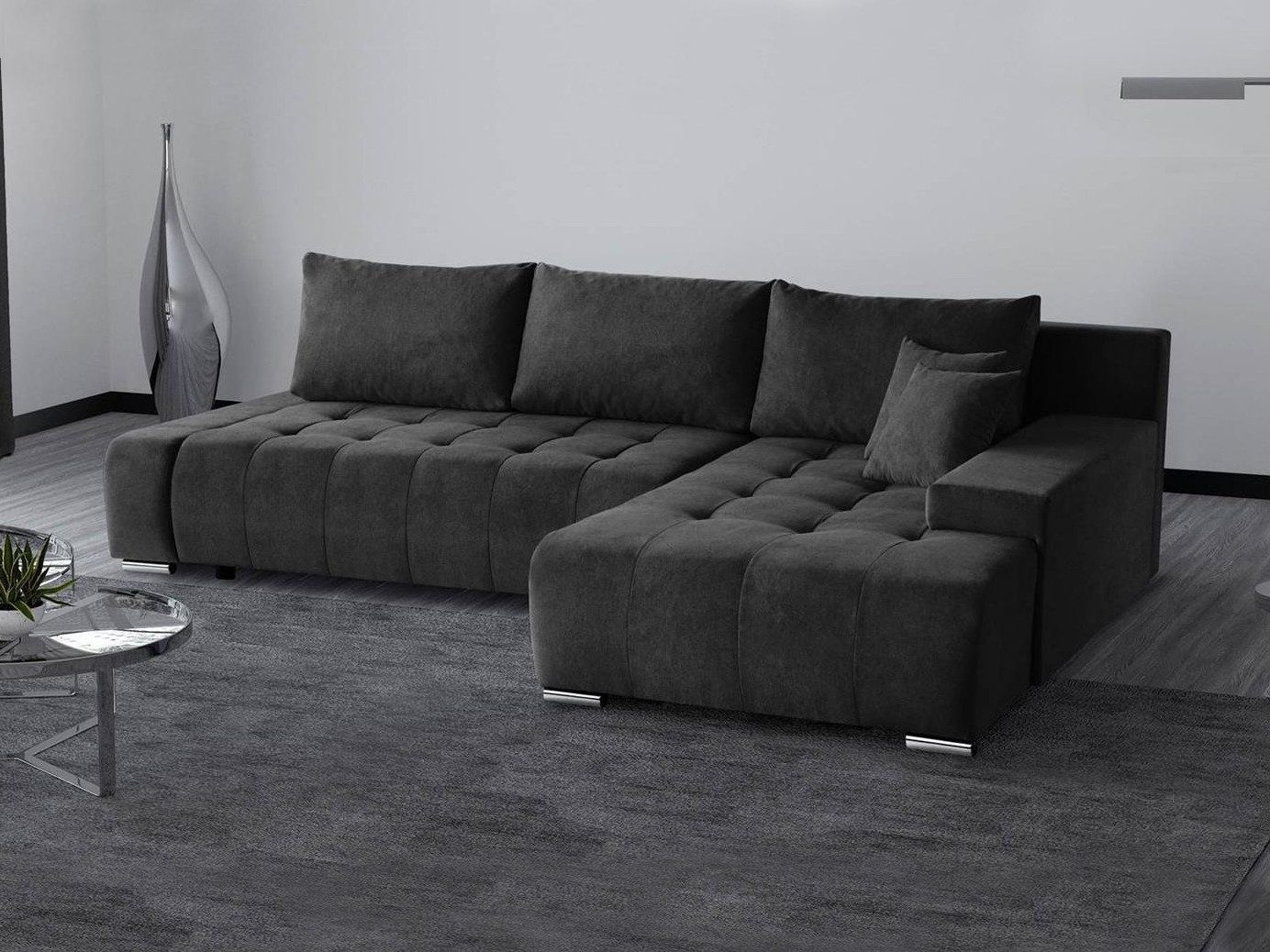 Beautysofa Ecksofa Draco L, Grau, Dunkelgrau, inkl. Wellenfedern Ecke mit Einfügung, mit Schlaffunktion