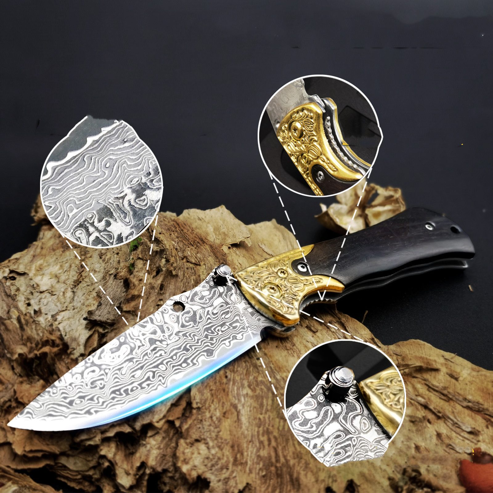 KingLux Damastmesser Taschenmesser Klappmesser 77Lagen Damaststahl für Outdoor Survival
