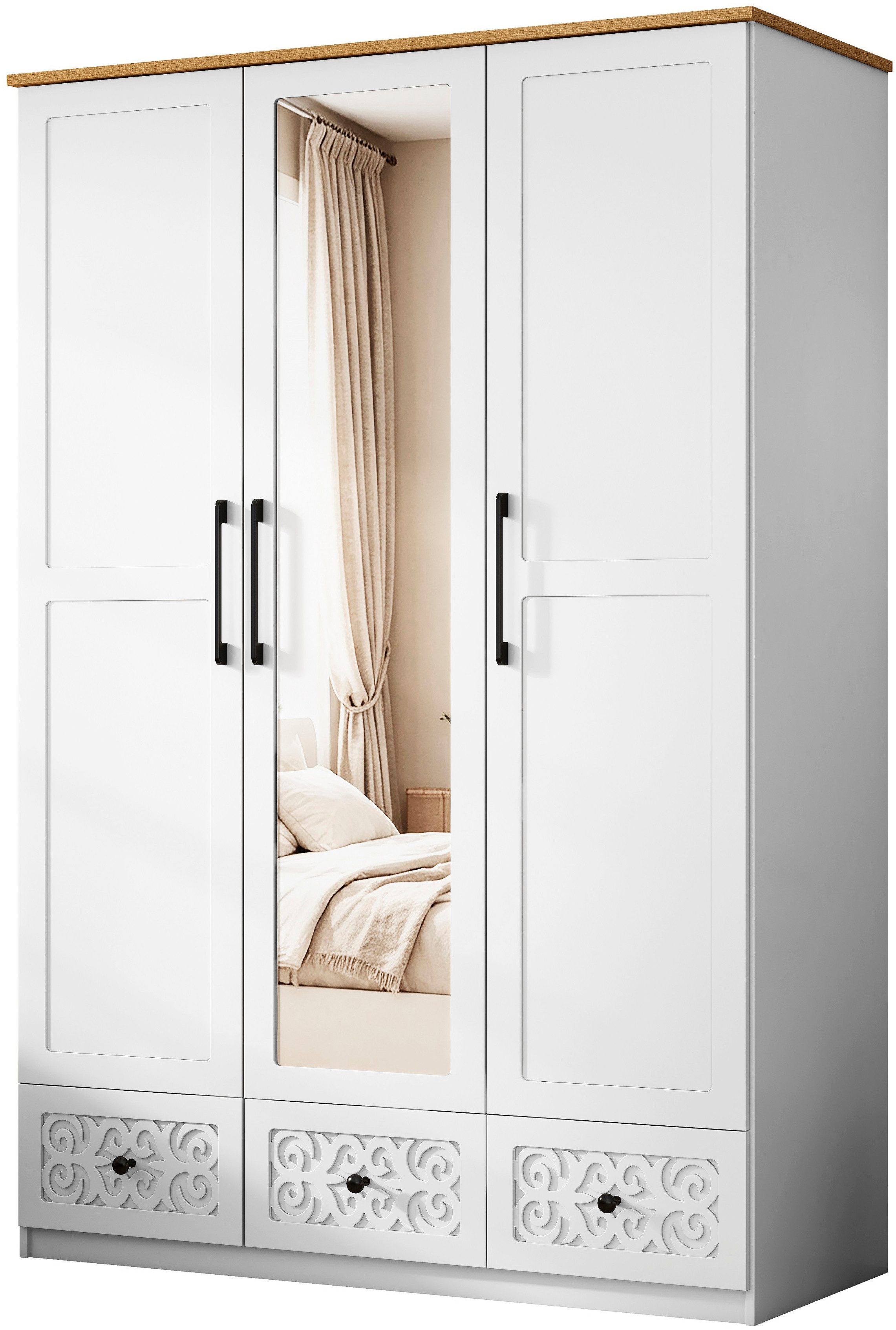 OTTO home Kleiderschrank EZZON-KS Landhaus Design Schlafzimmerschrank mit Verzierungen und Spiegel