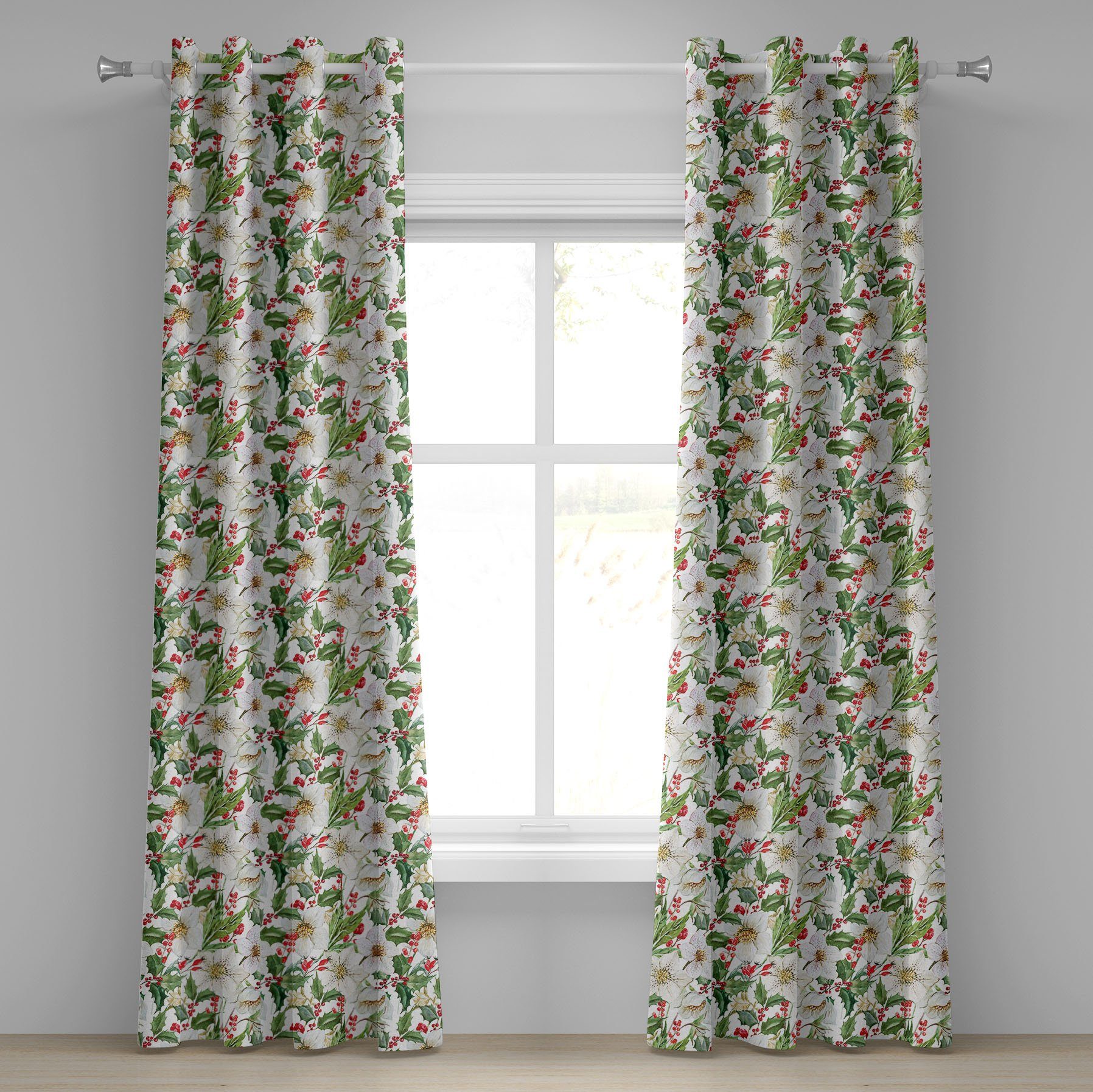 Gardine Dekorative Poinsettia-Muster 2-Panel-Fenstervorhänge Schlafzimmer Aquarell für Abakuhaus, Wohnzimmer