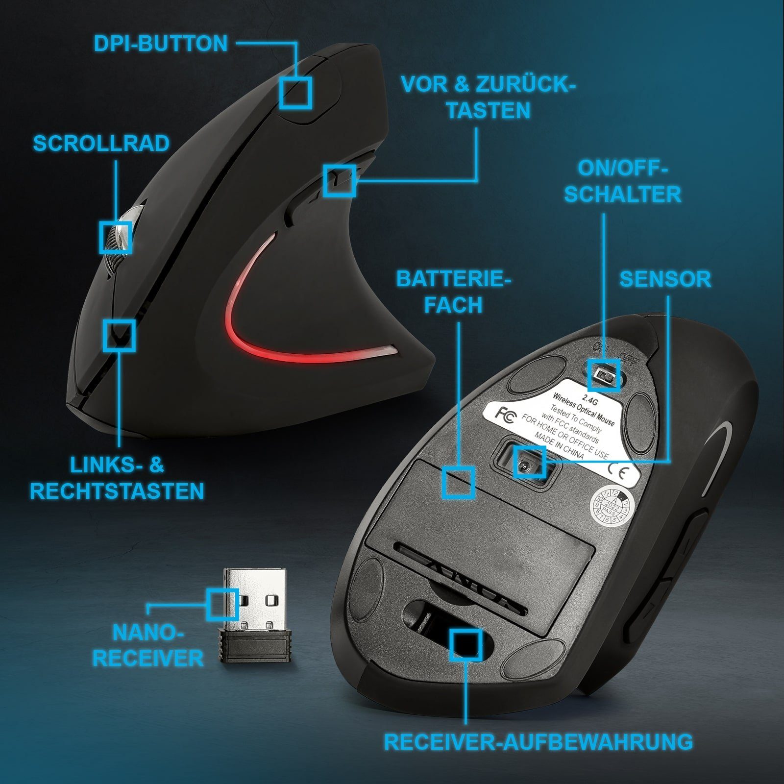 EAXUS Ergonon Vertikale Maus mit 6 Tasten - Kabellose ergonomische Maus (Funk, 1600 dpi, 10m Reichweite, Vorbeugung gegen Mausarm/Tennisarm) – Bild 3 von 5