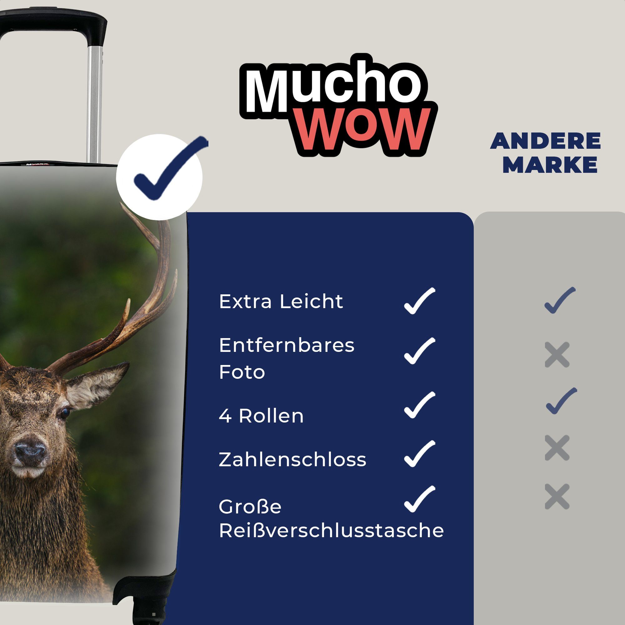 Reisekoffer Hirsch rollen, Rollen, 4 - MuchoWow für - mit Handgepäck Handgepäckkoffer Geweih Ferien, Trolley, Reisetasche Natur,