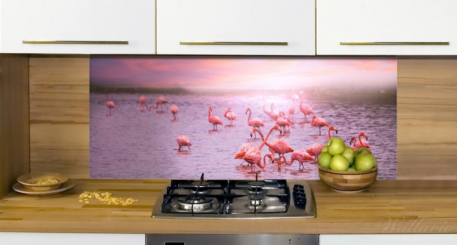 Wallario Küchenrückwand Rosa Flamingos bei Sonnenuntergang, (1-tlg)