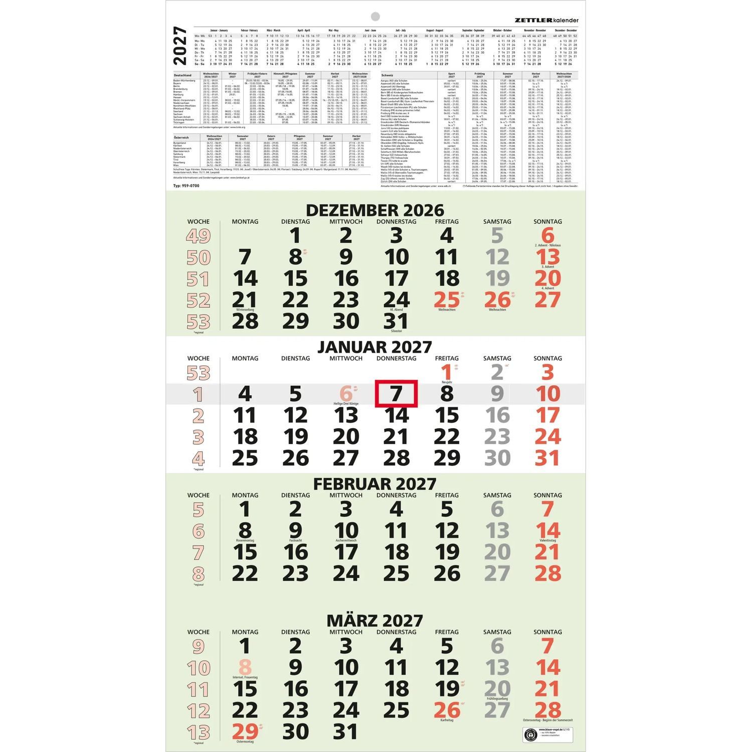 Wandkalender 4-Monatskalender grün Blauer Engel 2027