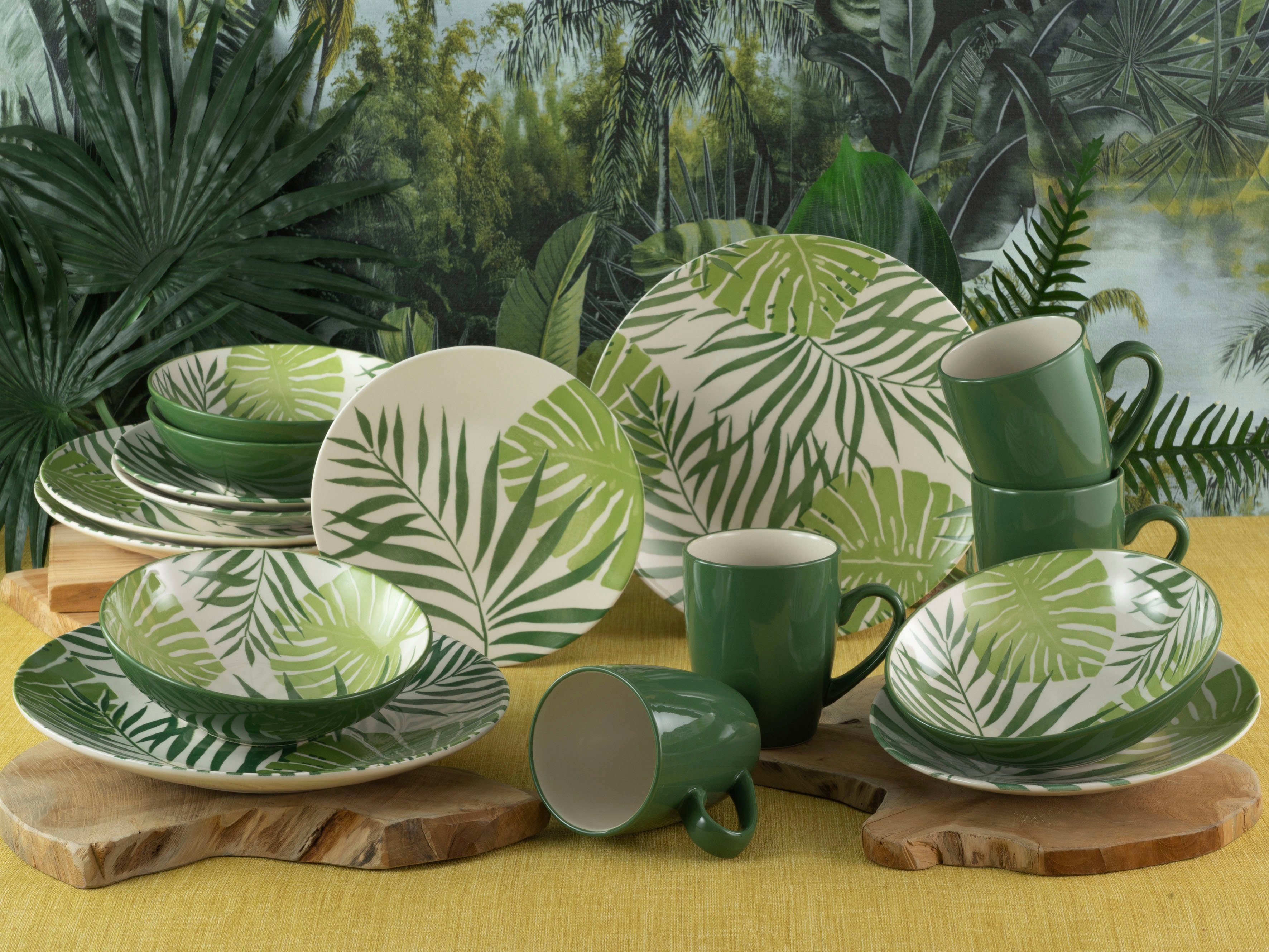 Blätter Green coolem tropischer Dekor Tropicana (16-tlg), in Grün Mix 4 Steinzeug, Kombiservice vollflächiger Personen, CreaTable