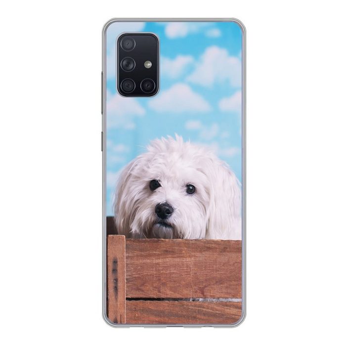 MuchoWow Handyhülle Malteser Hund in einer Holzkiste Handyhülle Samsung Galaxy A51 5G Smartphone-Bumper Print Handy