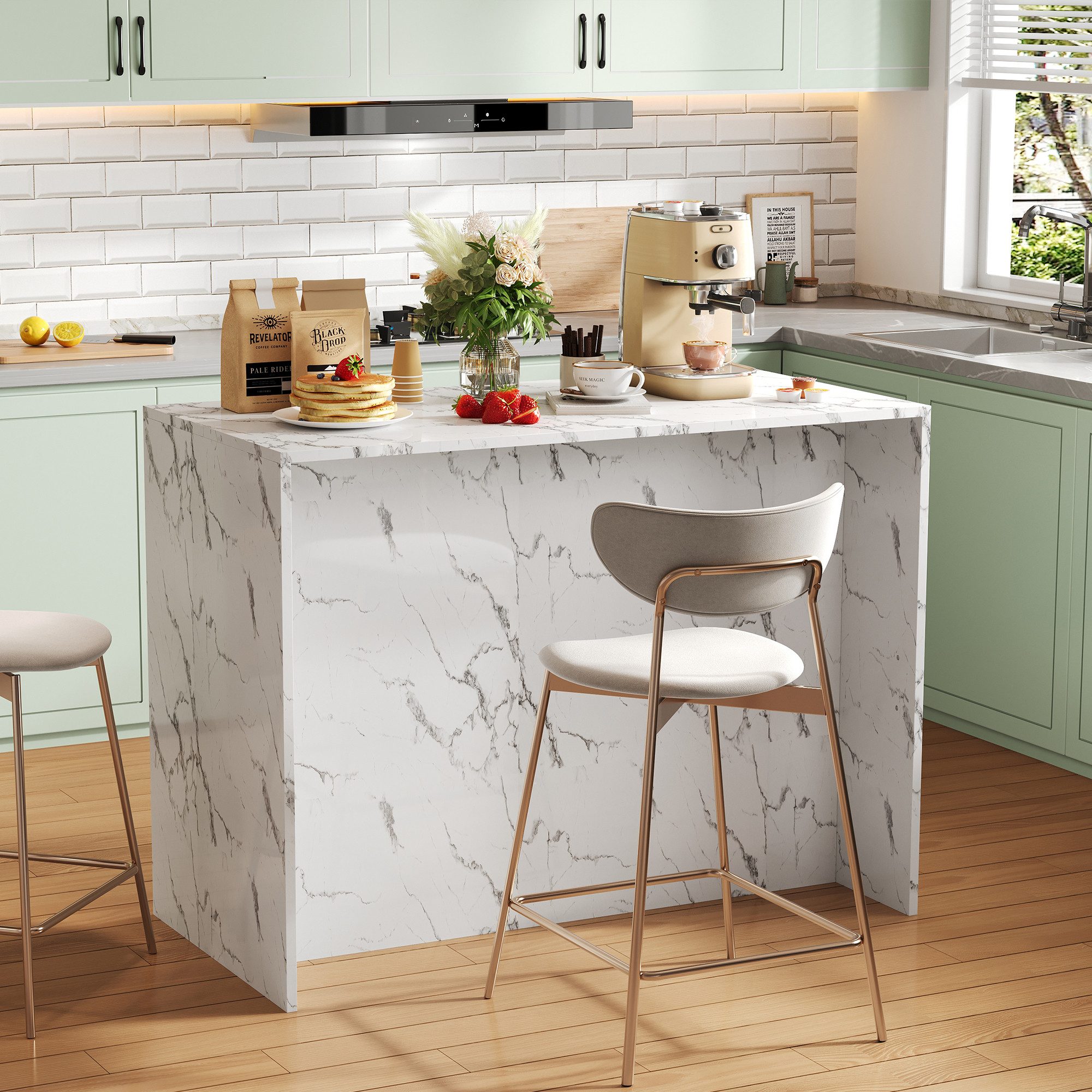 Merax Kücheninsel Marmoroptik Küchenschrank, (120 x 60 x 90,5 cm), Buffetschrank Inselküche mit 3 Schubladen und 3 Türen