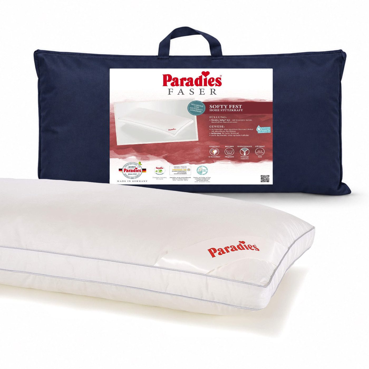 Paradies Kunstfaserkopfkissen Paradies Softy fest Kopfkissen hohes Bauschvolumen Außensteg 40x80, Füllung: Paradies Softys, Bezug: 100% Bio Baumwolle, Seitenschläfer, Rückenschläfer