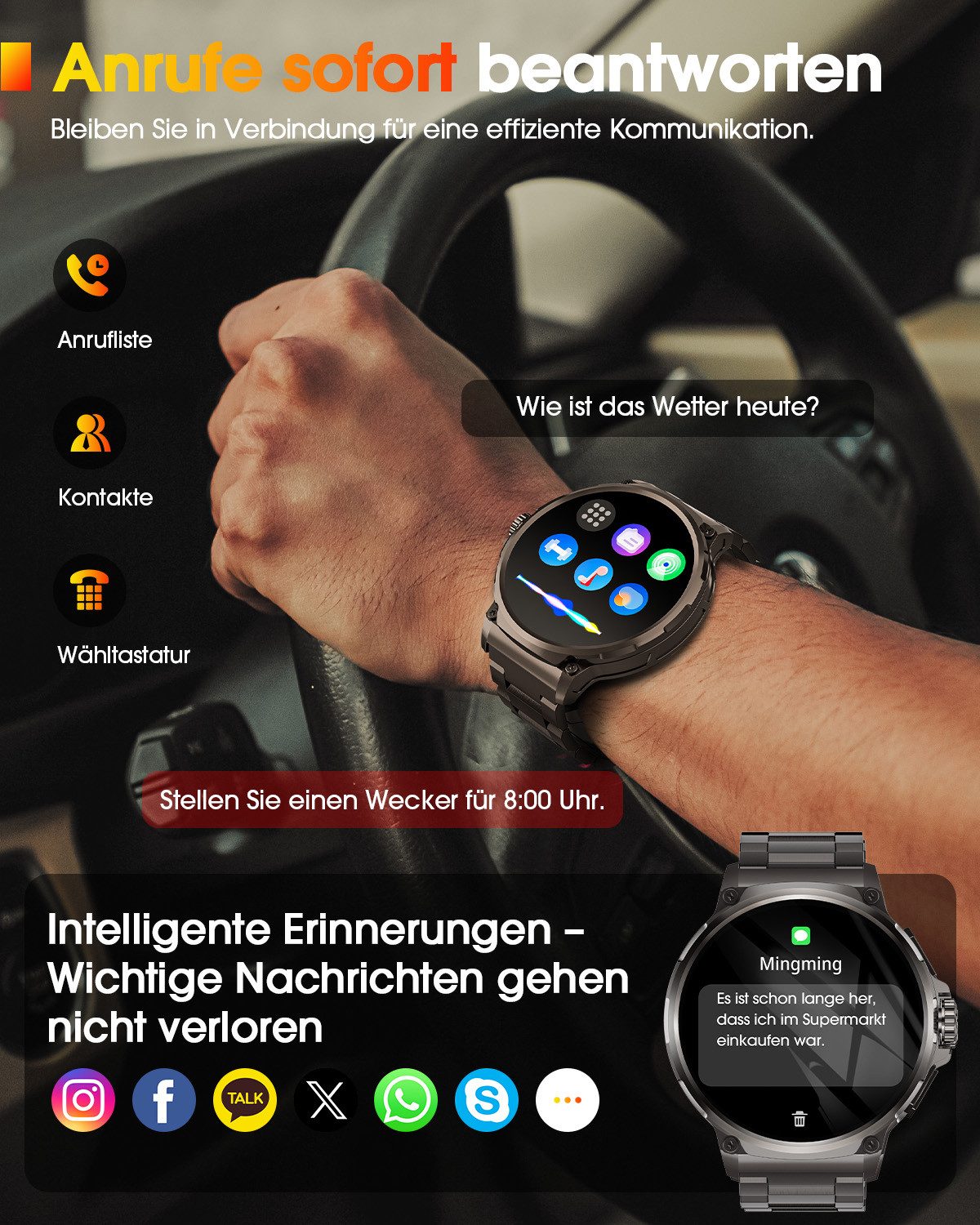 FOSMET 2026 1200-mAh-Akku,Smartwatch Herren Militärqualität,60 Tage Standby Smartwatch, Mit Herzfrequenz,SpO2 und Schlaf,Blutdruckmessung,1.92''AMOLED-Display schwarz