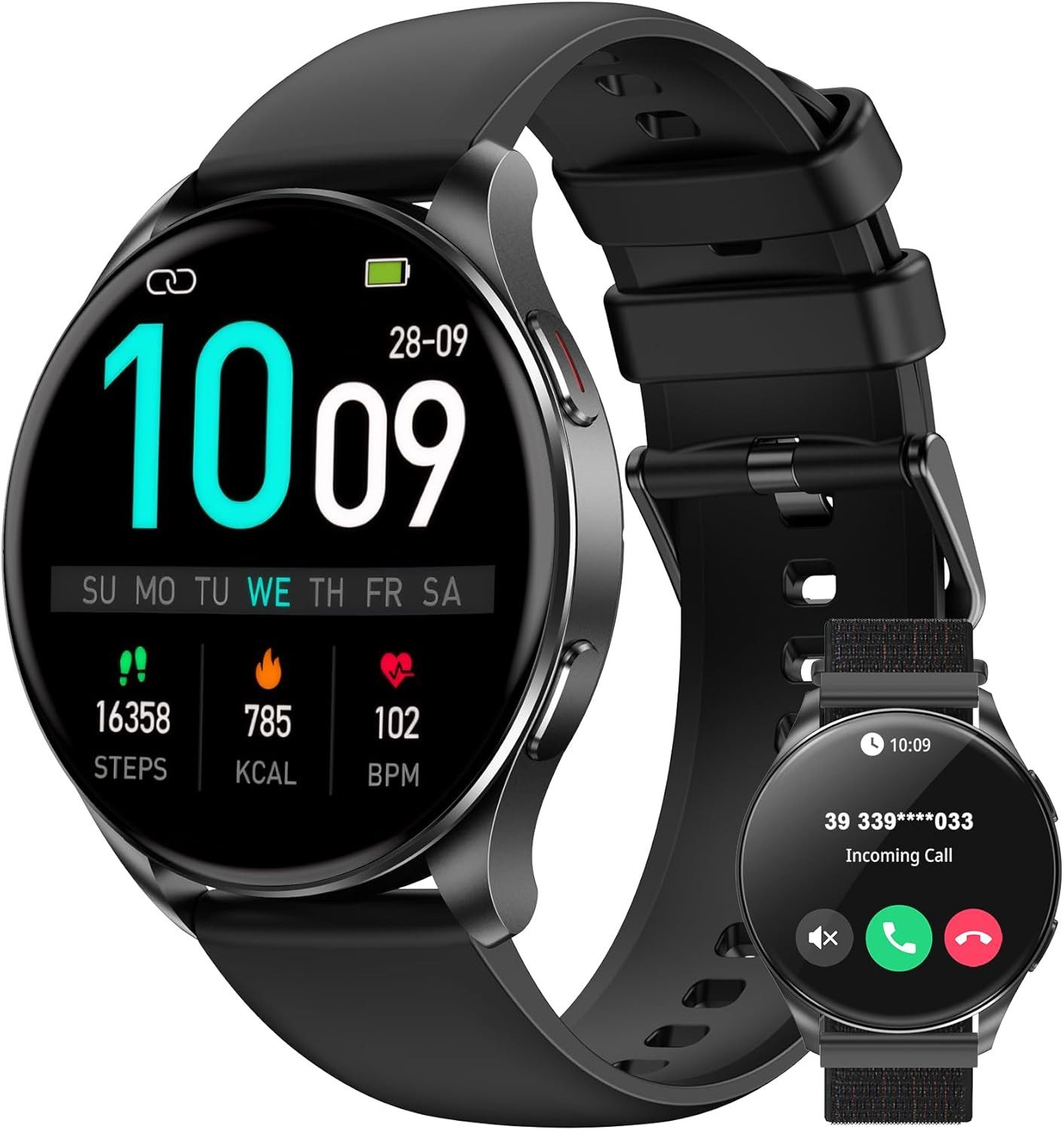 IOWODO Smartwatch Damen Herren Ultradünn, 5 Tage Akku,1,43" AMOLED, 2 Armband Smartwatch (1.43 Zoll, Android/IOS), 1-tlg., mit 120+ Sportmodi und Bluetooth-Anruf, WhatsApp Benachrichtigungen, SpO2,Herzfrequenz-und Schlafüberwachung,Schritten,Sprachassistent,IP68