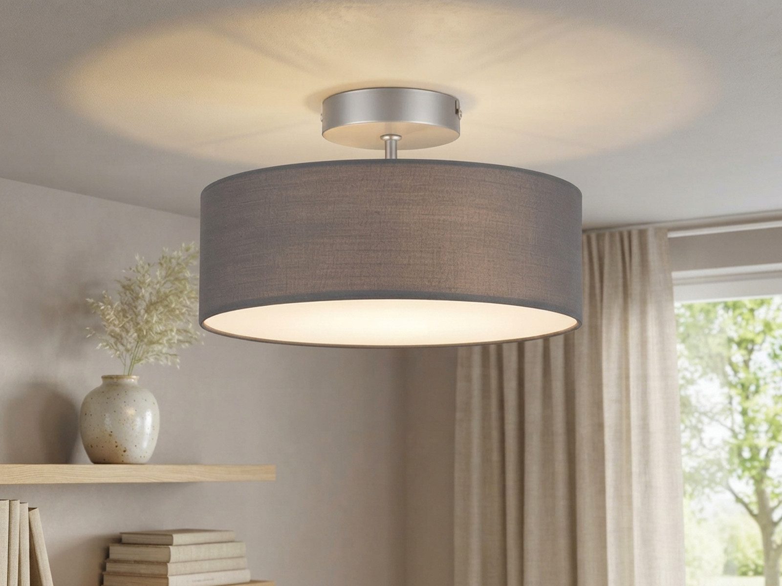 meineWunschleuchte Deckenleuchte mit Stoff Lampenschirm Grau Ø 30cm, ohne Leuchtmittel, kleine Stoff-Lampe, gemütliche Deckenlampe, E14 Schlafzimmerlampe – Bild 2 von 5