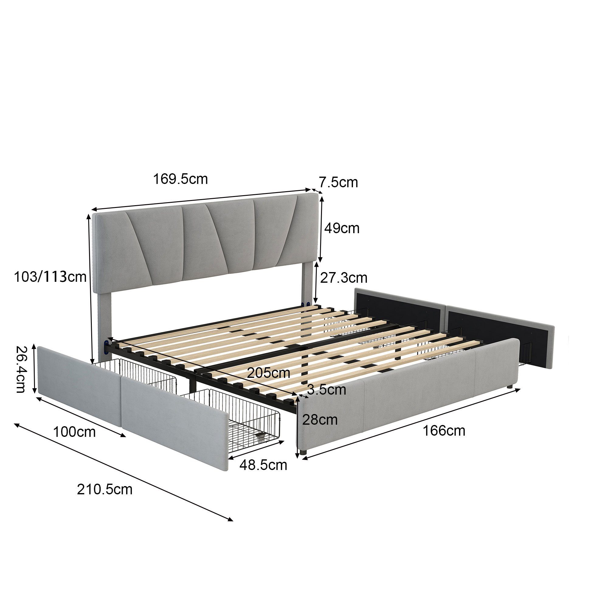 Grau 200cm Grau | verstellbares | 160 Kopfteil Doppelbett mit × | Polsterbett Schubladen), Samtbett (Bett Ulife 4 Grau Grau