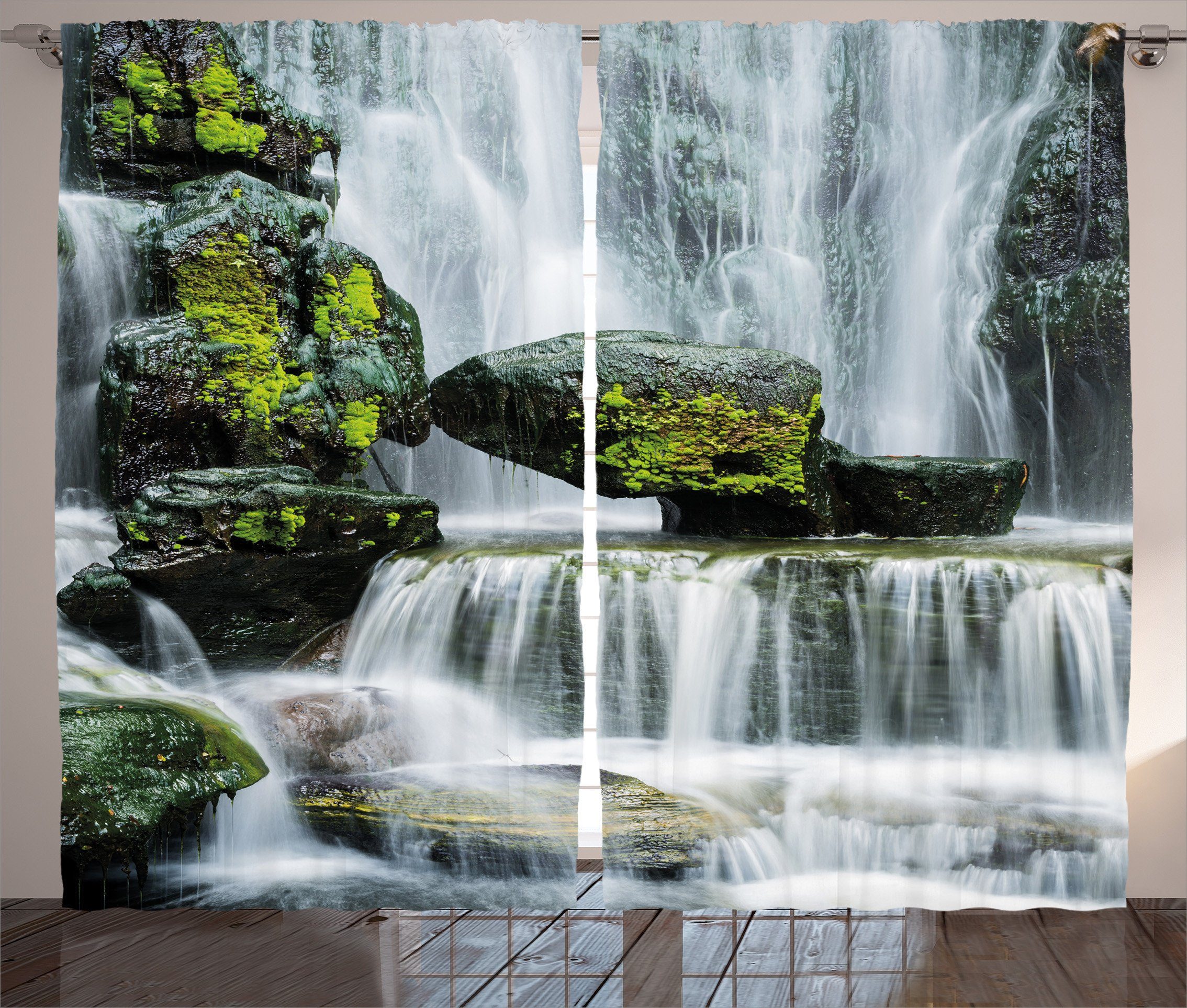 Gardine Schlafzimmer Kräuselband Vorhang mit Schlaufen und Haken, Abakuhaus, Landschaft Wasserfall mit Felsen