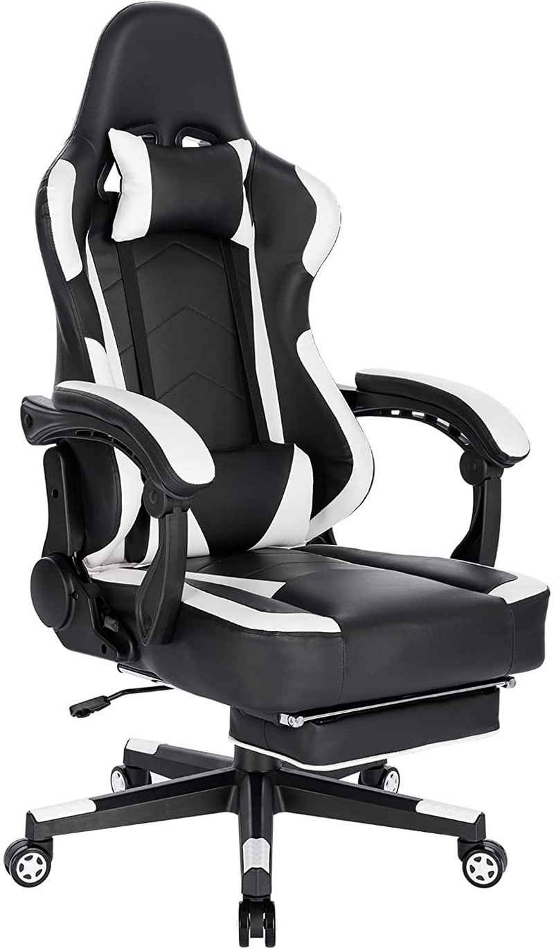 Woltu Gaming-Stuhl (Packung, 1 St), Racingstuhl Bürostuhl Schreibtischstuhl ergonomisch Drehstuhl, PC Stuhl, mit Fußstütze Kopf- und Lendenkissen, höhenverstellbar multifunktional E-Sport, mit Kunstlederbezug, Schwaz+Weiß