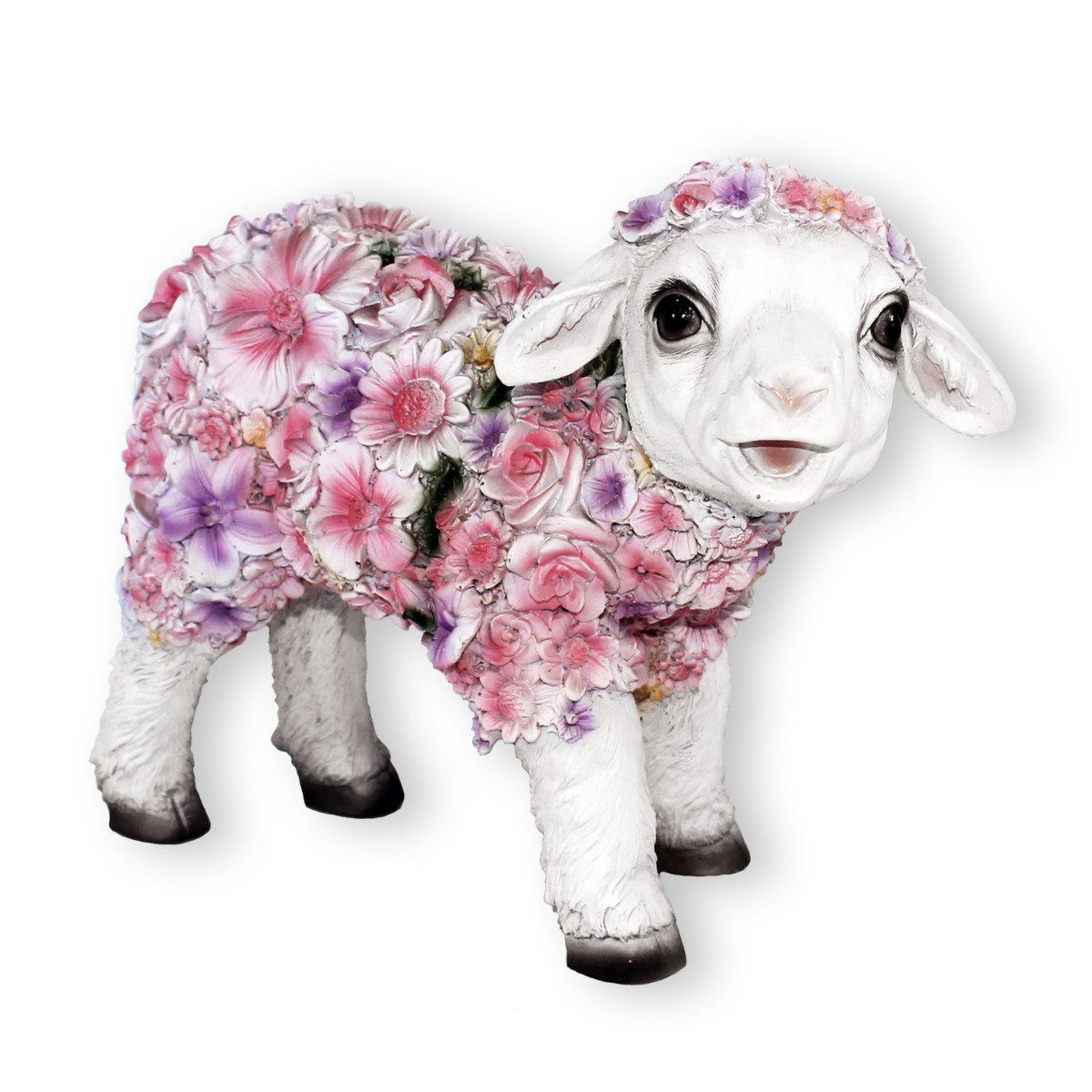 colourliving Tierfigur Lamm Figur stehend Blumenlamm Deko Detailreich Lämmchen, Extrem Wetterfest, Handbemalt