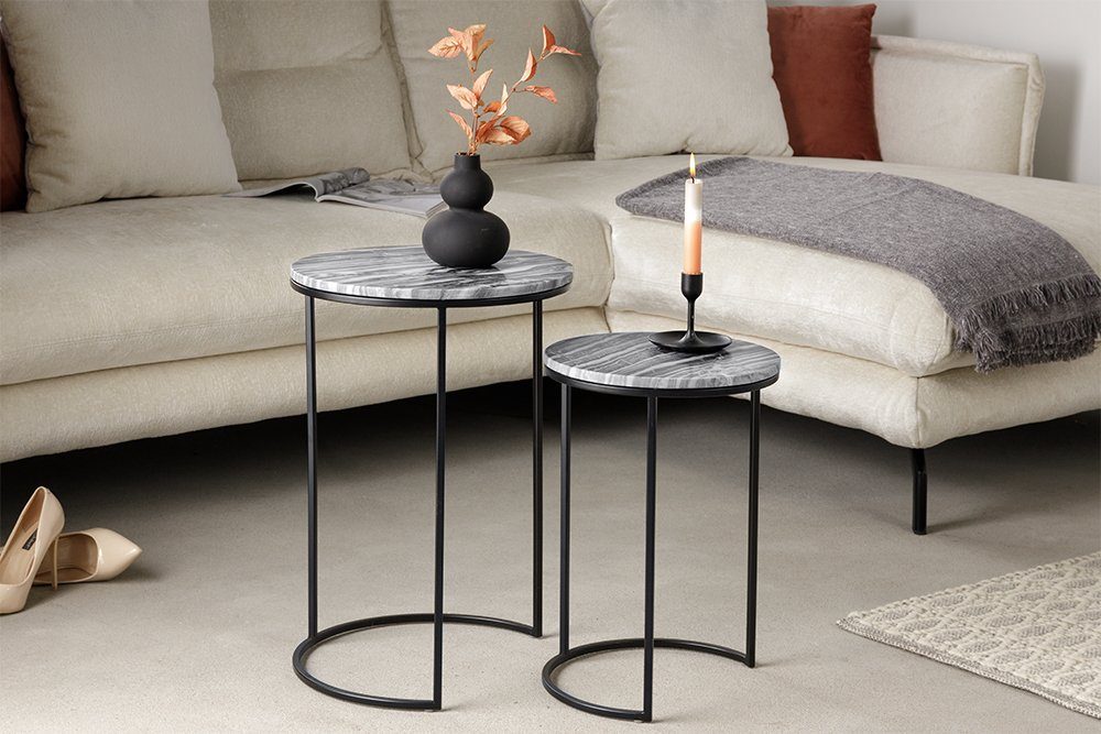 Nachttisch schwarz Metall · 2-St), grau rund grau Wohnzimmer · / grau 37cm ELEMENTS Beistelltisch · riess-ambiente · Marmor (Set, |