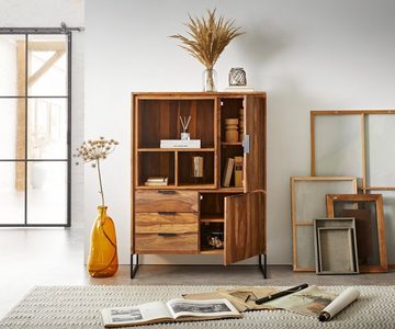 DELIFE Highboard Nook, Sheesham Natur 100x130 cm 2 Türen 3 Schübe Highboard