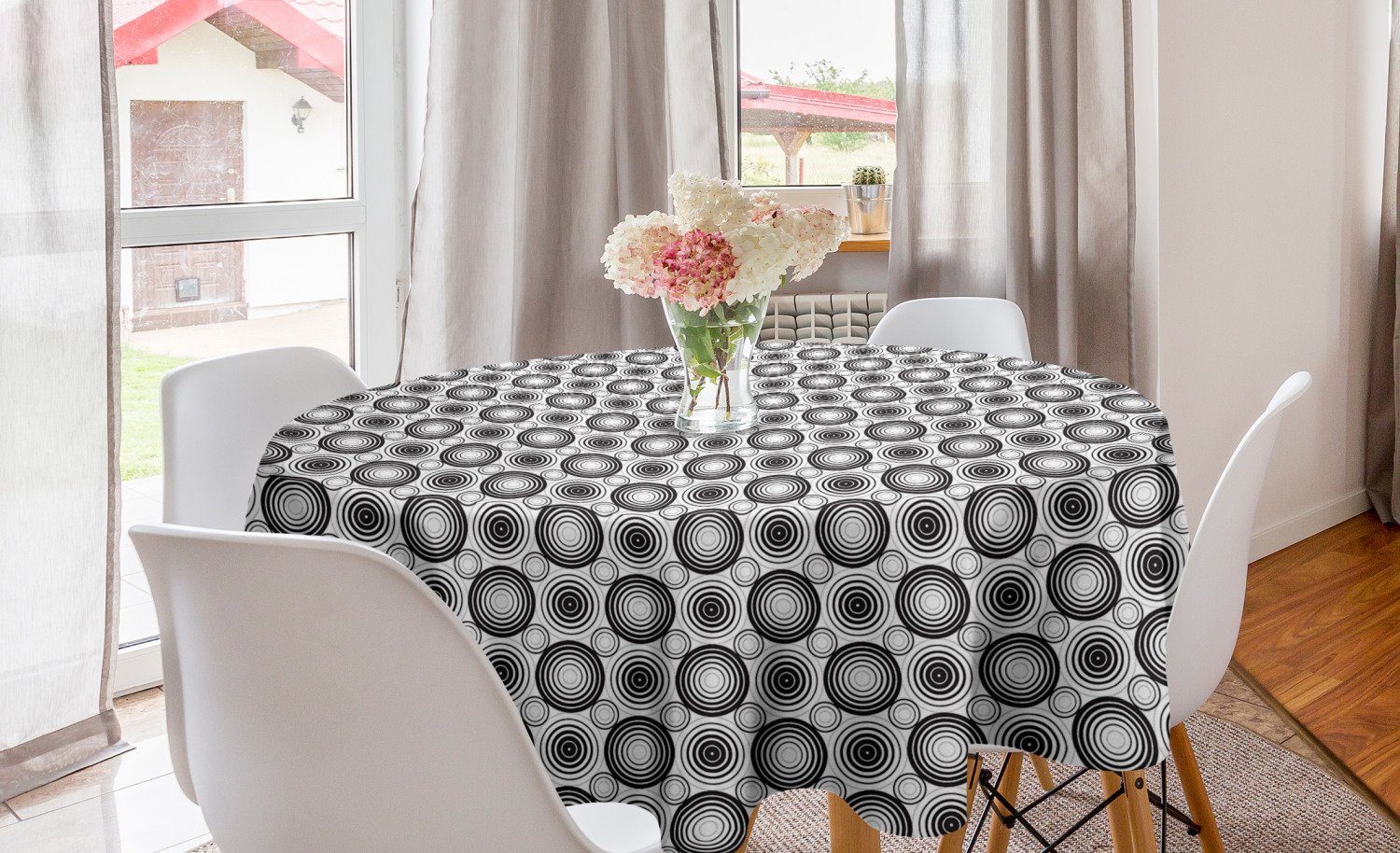 Abakuhaus Tischdecke Kreis Tischdecke Abdeckung für Esszimmer Küche Dekoration, Schwarz und weiß Kreise Mosaik
