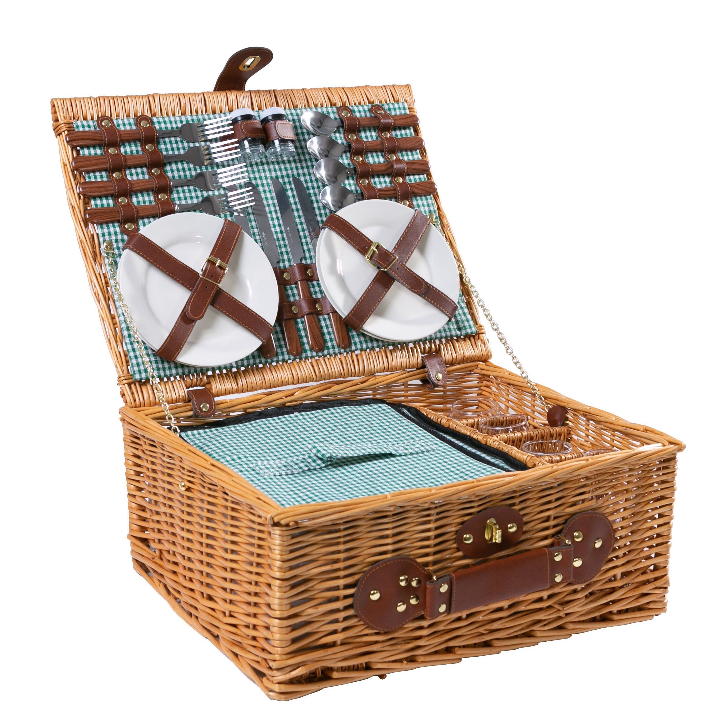 eGenuss Picknickkorb eGenuss Handgefertigter Picknickkorb für 4 (Personen aus Weide, mit 4 Löffel, 4 Gabeln, 4 Messer, 4 Keramikteller, 4 Weingläser,etc), 46 x 36 x 20 cm
