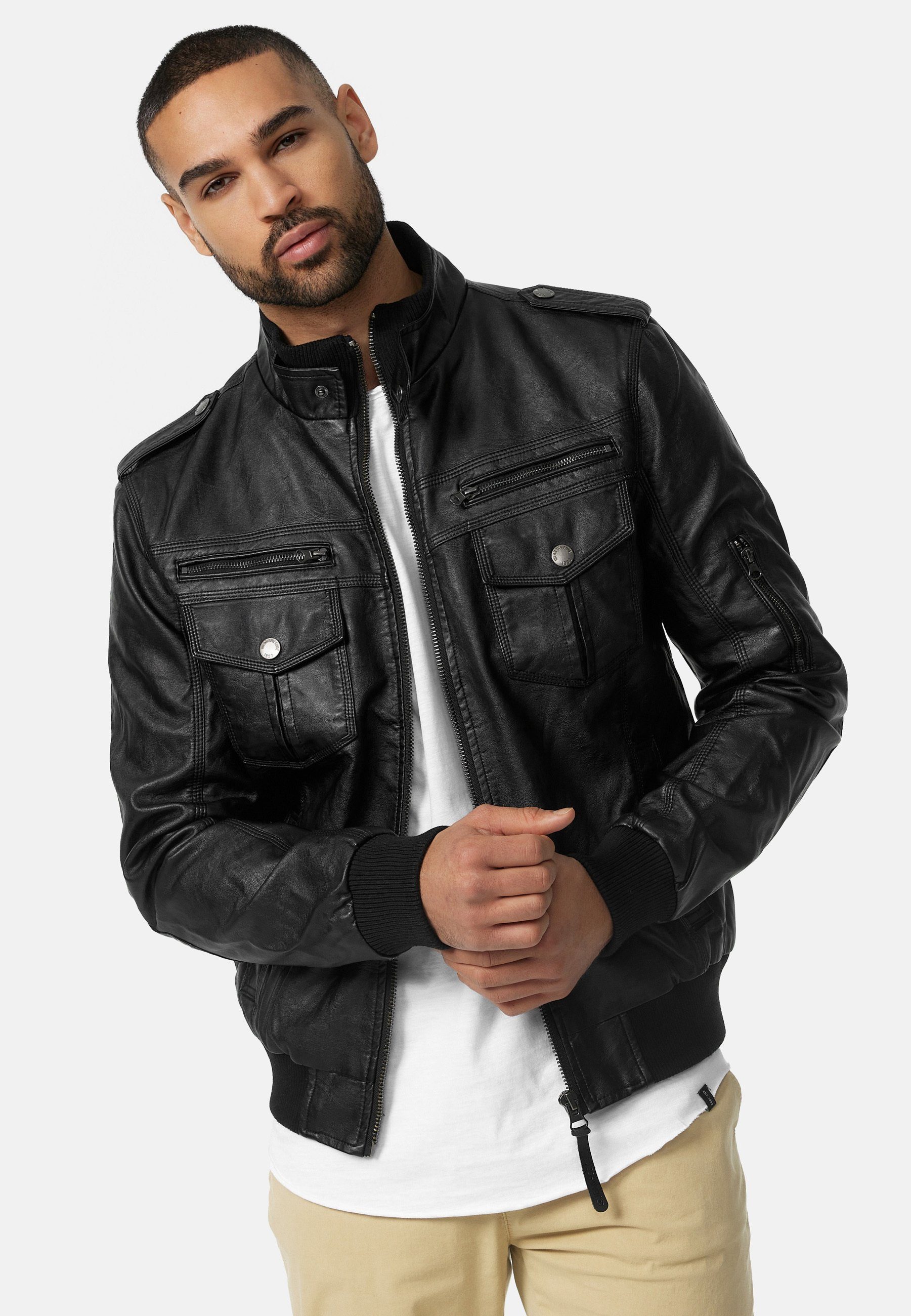 Indicode Lederimitatjacke Herren Pawel Übergangsjacke Herrenjacke Kunstlederjacke mit Stehkragen