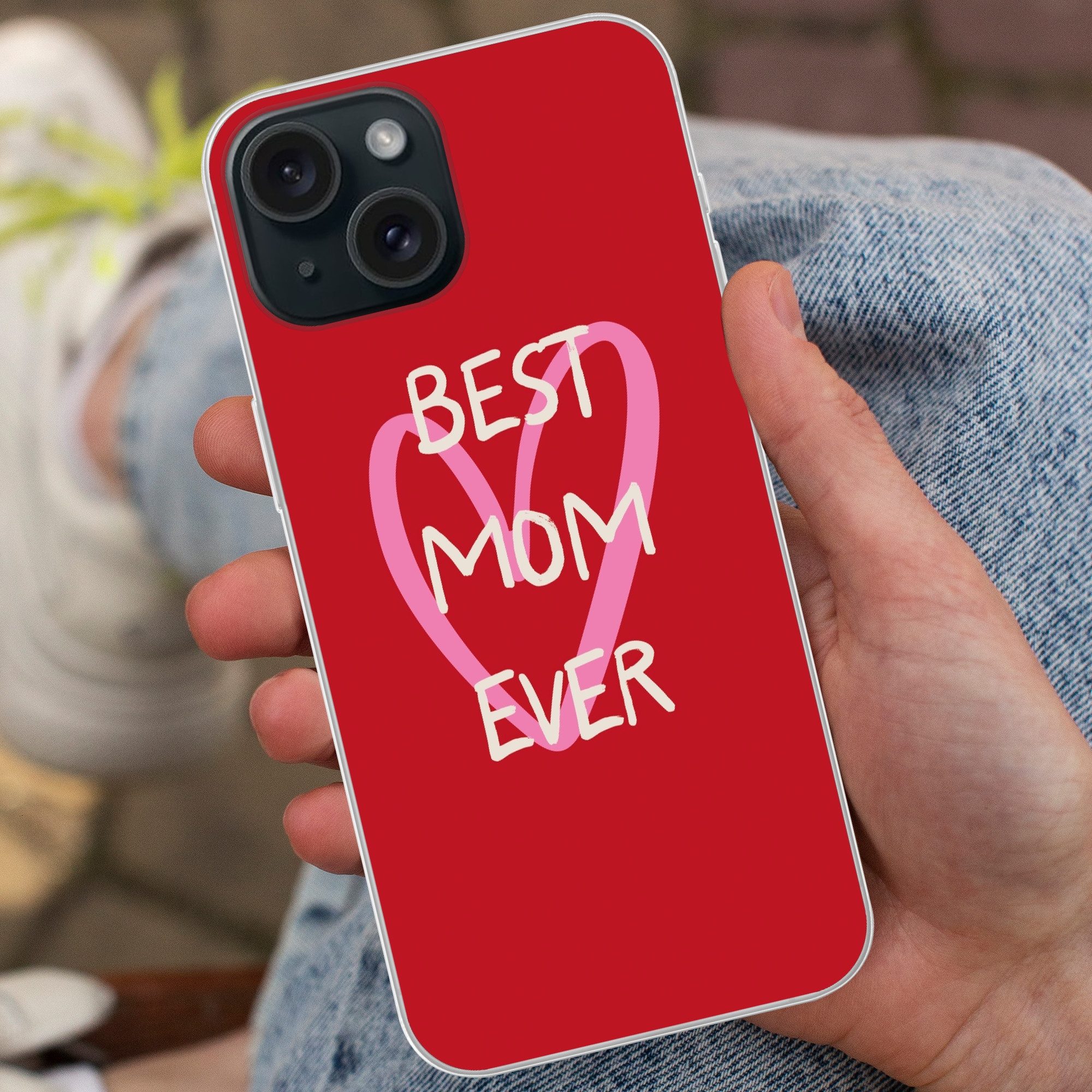 MuchoWow Handyhülle für Apple iPhone 15 Mutter - Zitat - Herz - Rot, Smartphone-Bumper, Print, Handy Schutzhülle Dünn