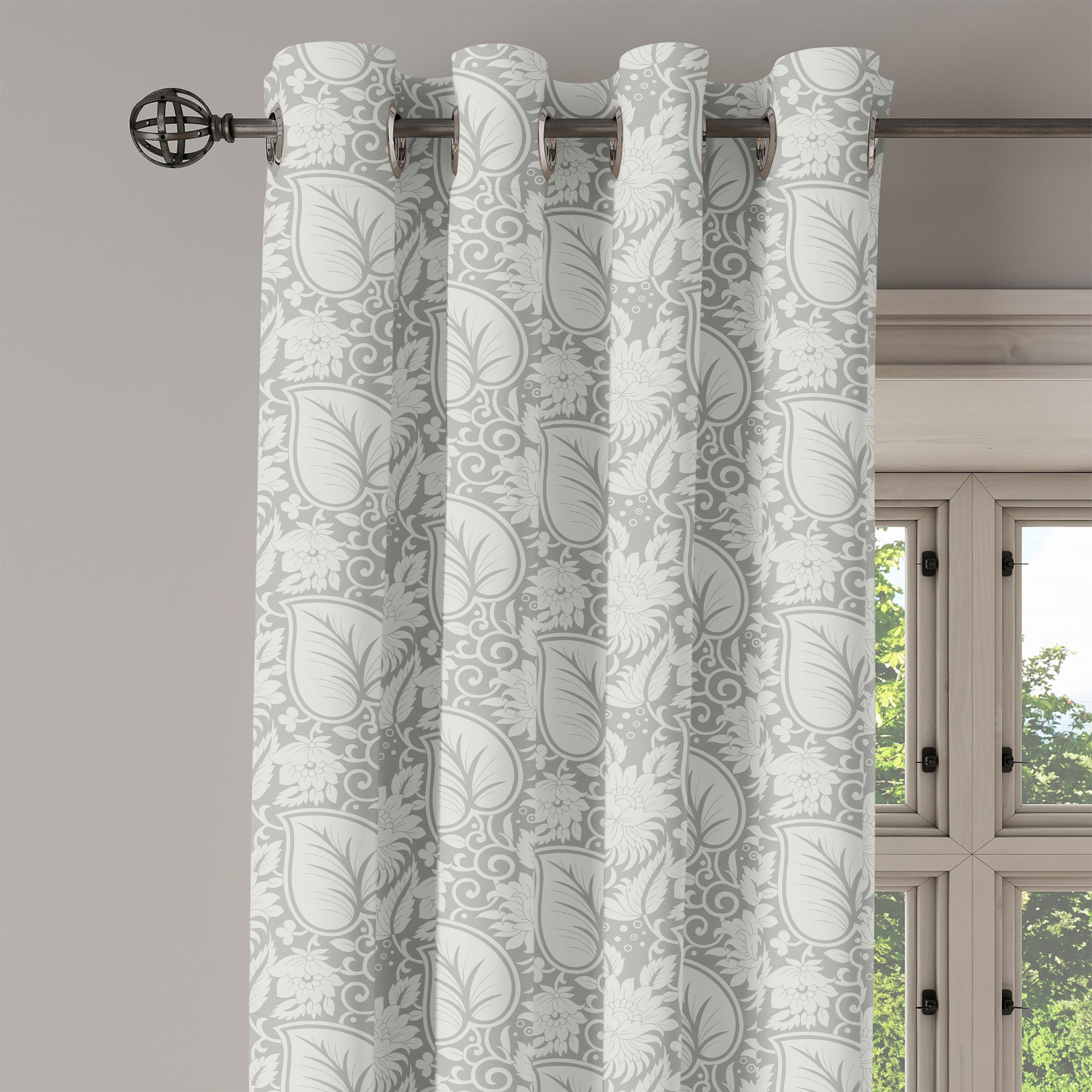 Gardine Dekorative 2-Panel-Fenstervorhänge für Schlafzimmer Wohnzimmer, Paisley-blühende Blumen Grau Abakuhaus