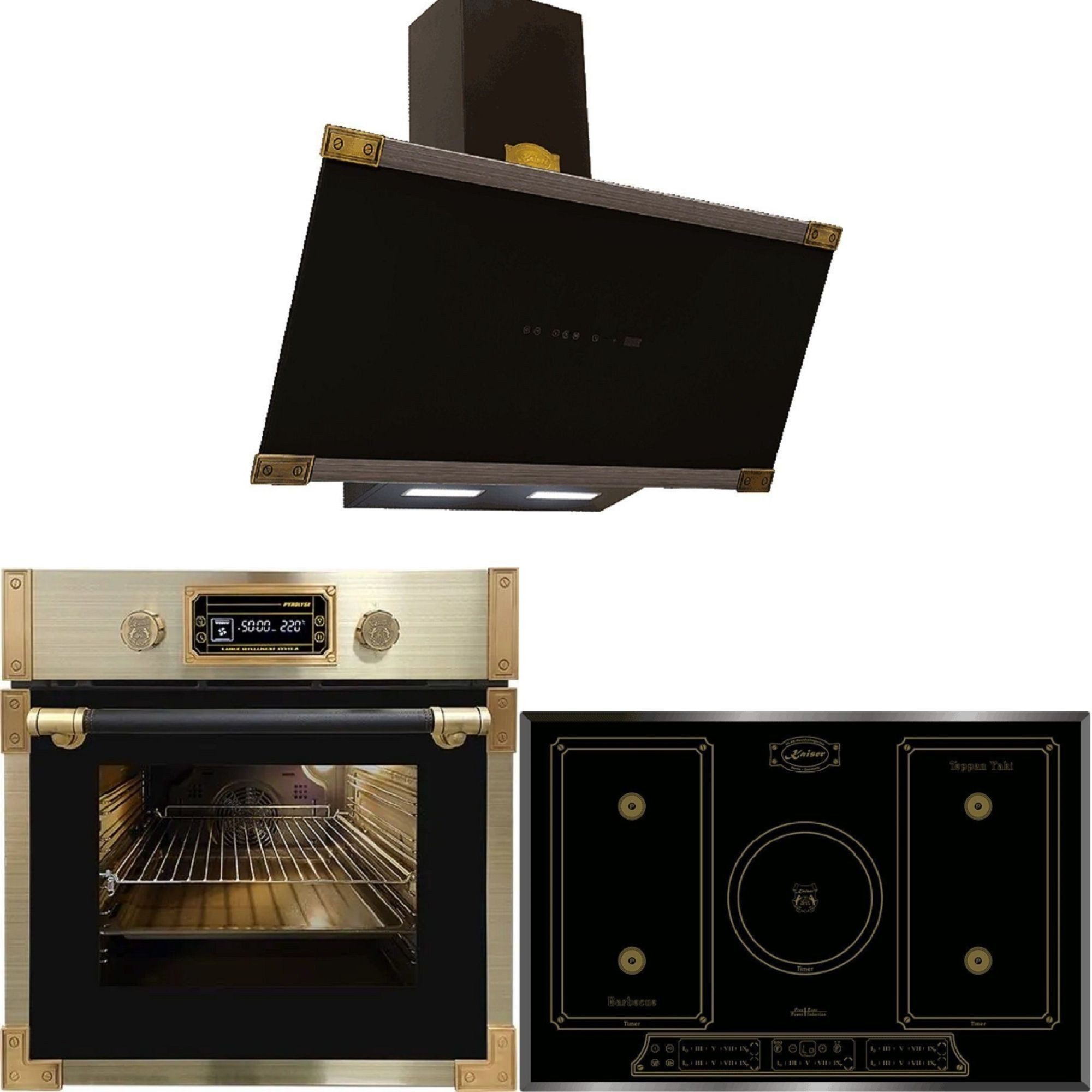 Kaiser Küchengeräte Backofen-Set Herd Set Autark Retro Pyrolyse Einbau Backofen 73L, 60 cm+Induktionskochfeld 77cm+Dunstabzugshaube 90 cm, 1250 m³/h EH 6427 AD+KCT 7797 FI Em+AT 9445 AD, mit 1-fach-Teleskopauszug