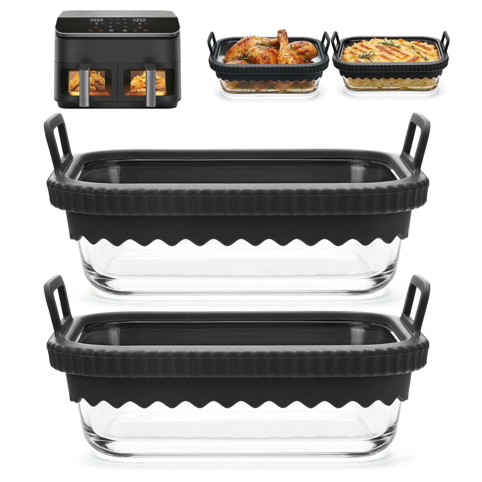 FOUORTUNATE-BEE Backform 2er Glas Backform Airfryer Silikongriff Heißluftfritteuse Schale, (2-tlg), Airfryer Glasform Backen Grillen Küche Ofen Mikrowelle Zubehör