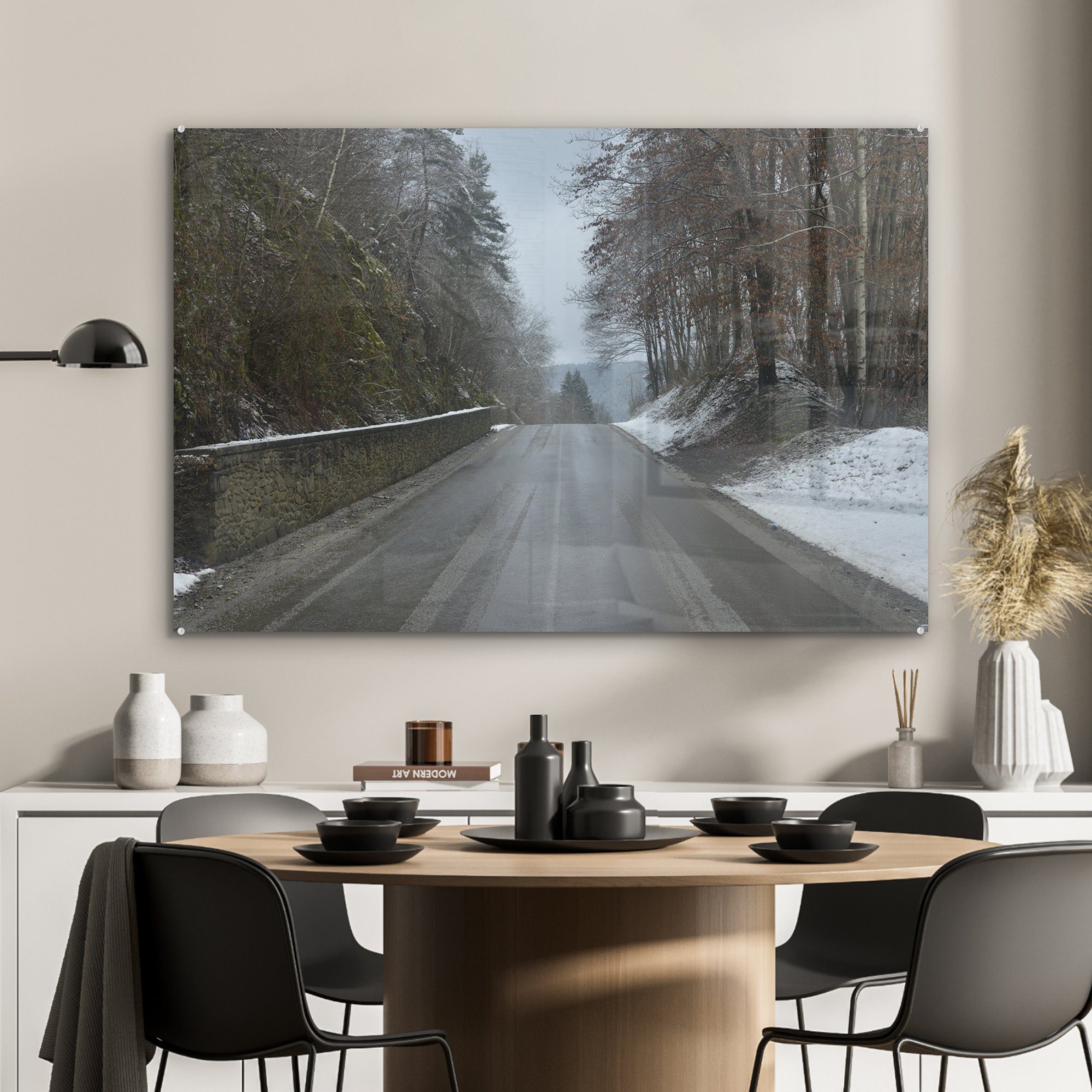 MuchoWow sind in Wohnzimmer & einer Schlafzimmer mit Straße den Beide Ardennen Acrylglasbild St), (1 bedeckt, Acrylglasbilder Seiten Schnee