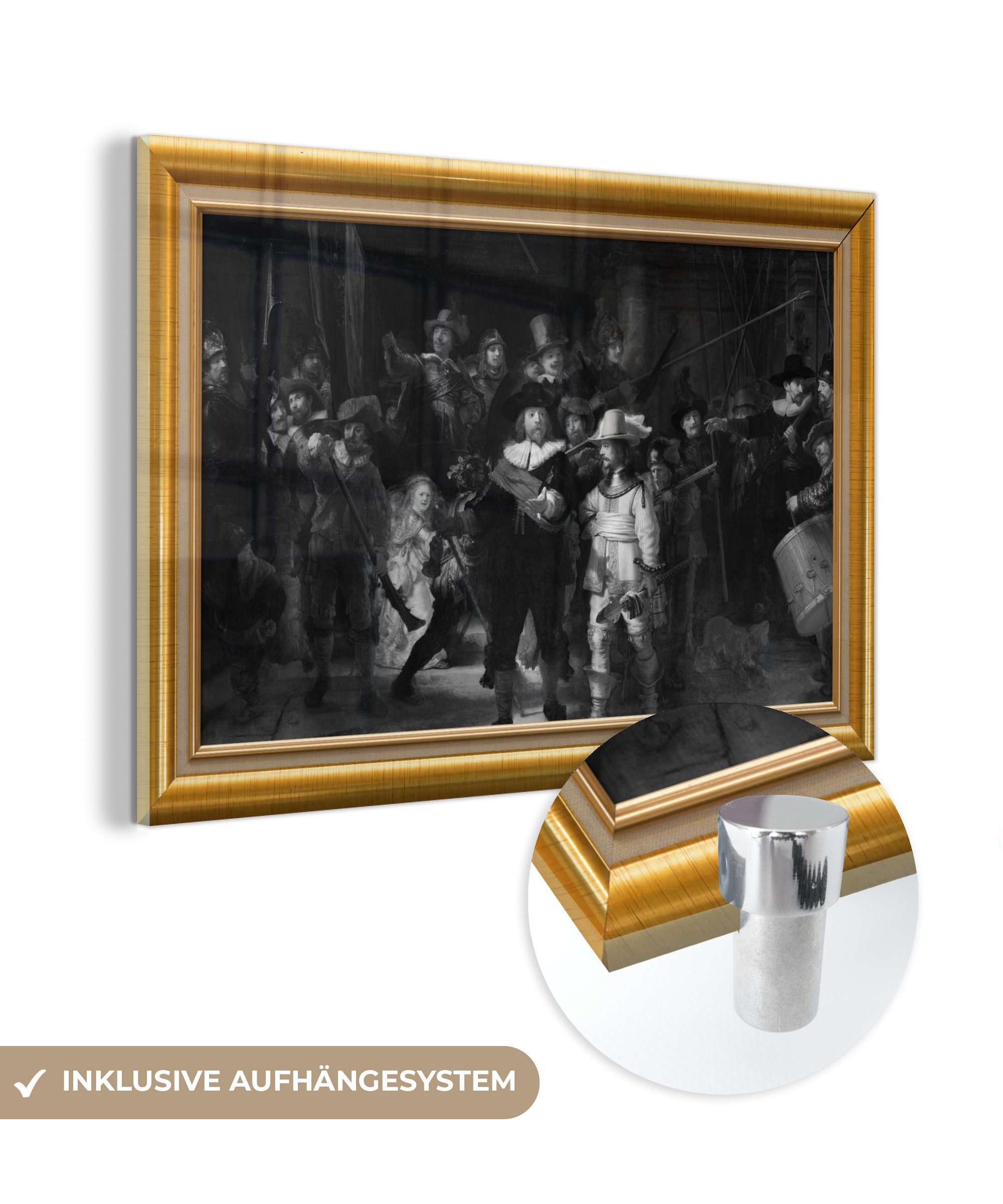 MuchoWow Acrylglasbild Nachtwache - Van Rijn - Liste - Gold, (1 St), Glasbilder - Bilder auf Glas Wandbild - Foto auf Glas - Wanddekoration