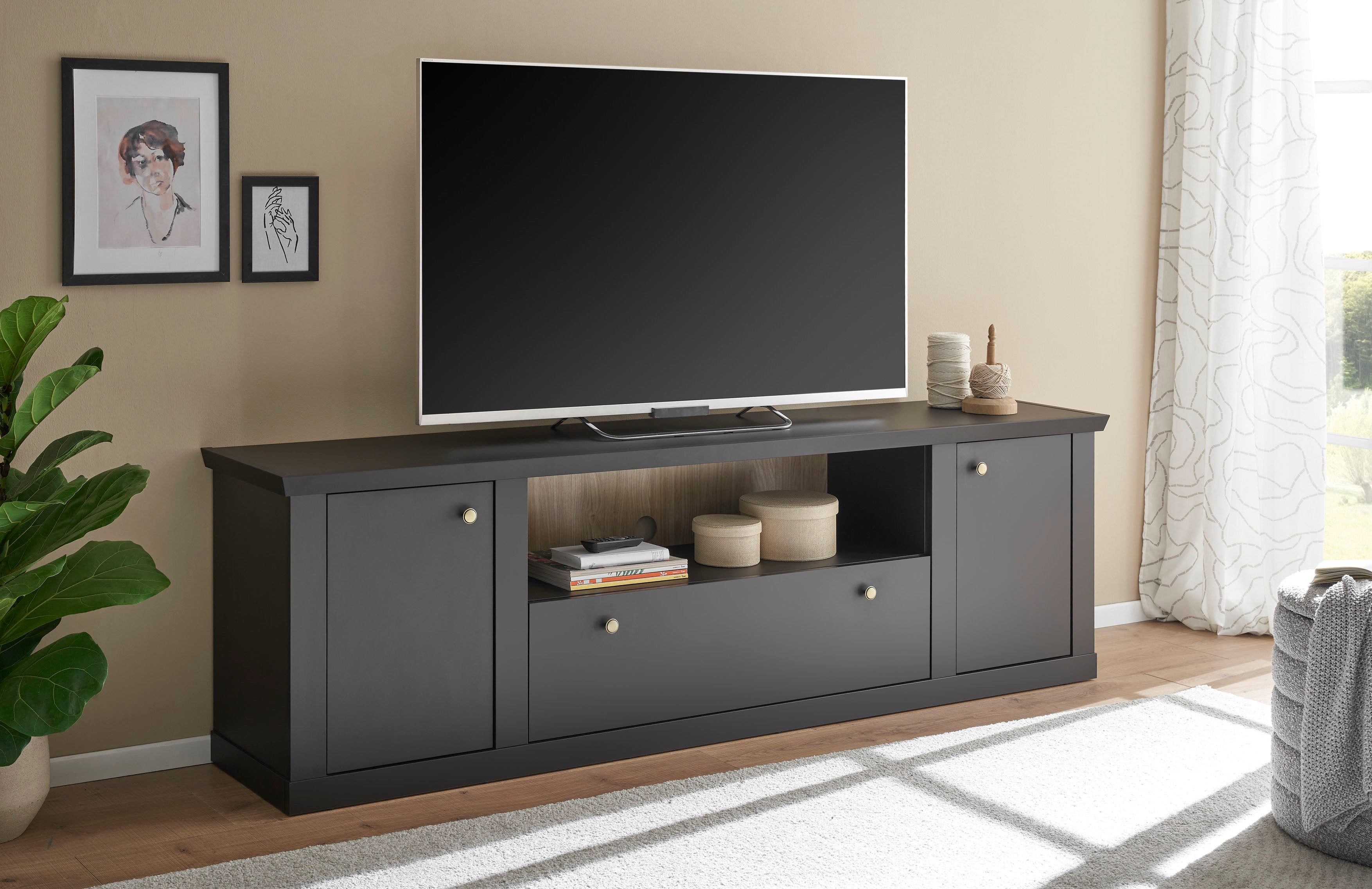 Home affaire Lowboard Lincoln, moderner TV-Schrank, schwarze Kommode, TV-Unterschrank, edles Design, messingfarbene Knopfgriffe, in 2 Größen verfügbar