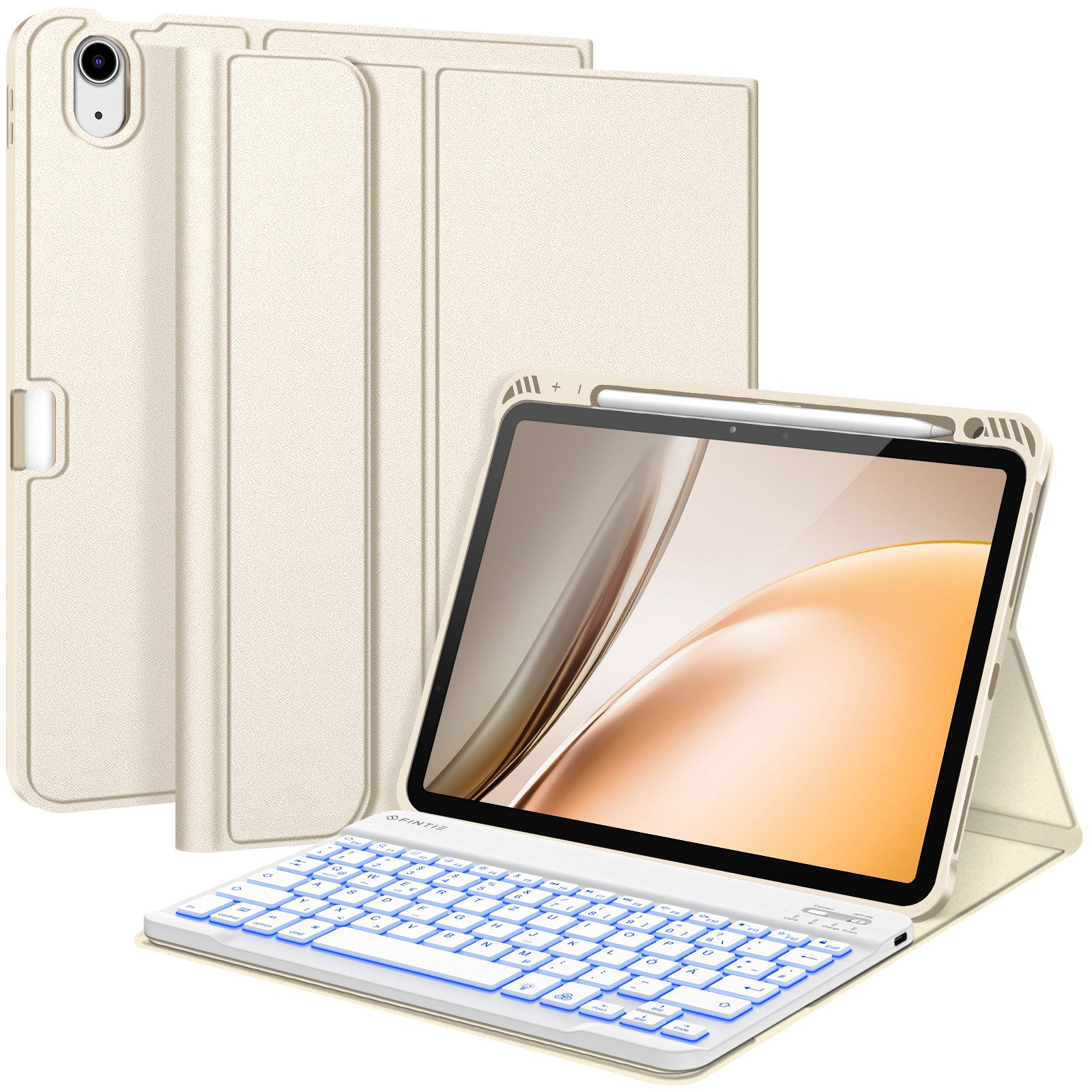 Fintie Tablet-Hülle für iPad Air 11'' M4/M3/M2(2026/2025/2024), iPad Air 5/4 Gen 2022/2020 10.9 Zoll, mit 7 Farben Beleuchtete Abnehmbare QWERTZ Tastatur