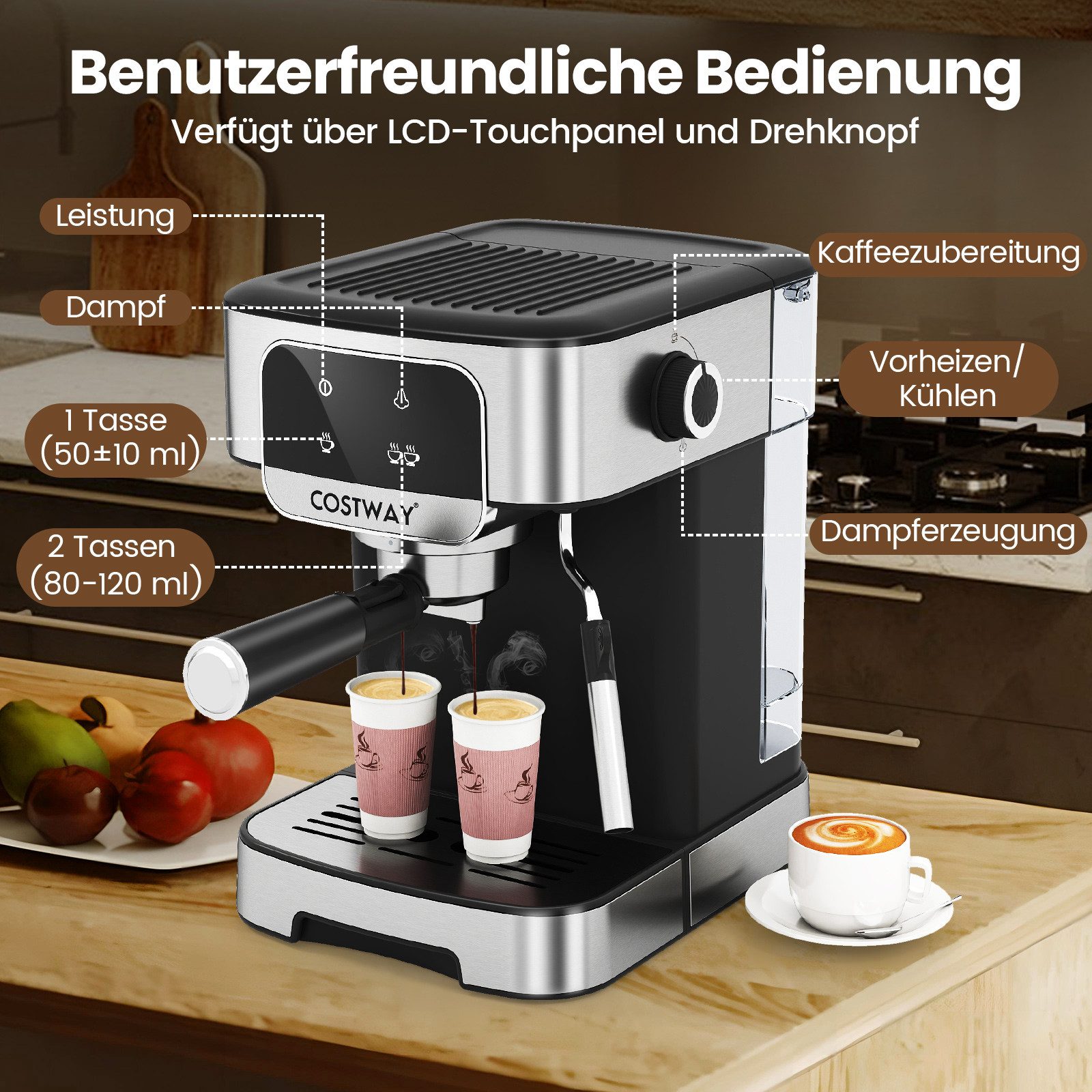 COSTWAY Espressomaschine, 20 Bar, mit Milchaufschäumer & 1,8L Tank, Touch