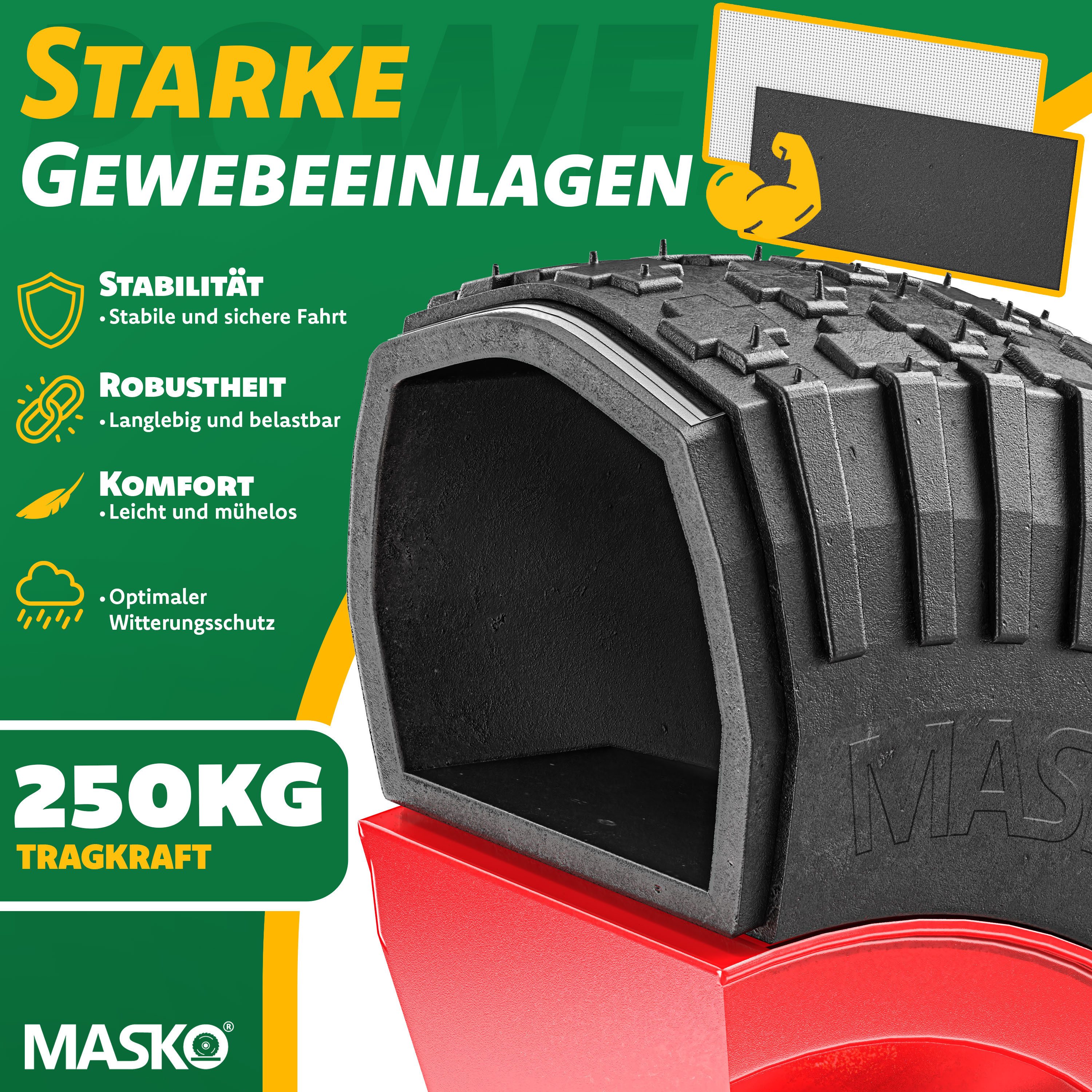 MASKO Schubkarren-Rad Air Luftbereifung 250kg Traglast (Luft-Rad mit Stahlfelge, Handschuhen & Karbonstahl-Kugellager), Ersatzrad für Schubkarre & Gartenkarre pannensicheres Reifen