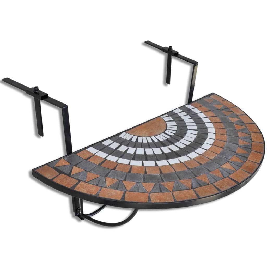 furnicato Gartentisch Halbrunder Balkontisch 76x56x64 cm mit Terrakotta, Weiß und Schwarz (1-St), Klappbarer Outdoor-Tisch mit pflegeleichtem Keramik-Mosaik-Design