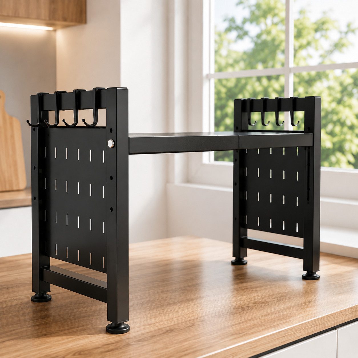 Best for Home Standregal Mikrowellen Regal 2-stufig ausziehbar für mehr Ordnung in der Küche, Einzelartikel 1-tlg., Breitenverstellbar 44–70 cm, 10 Haken, robust und platzsparend.
