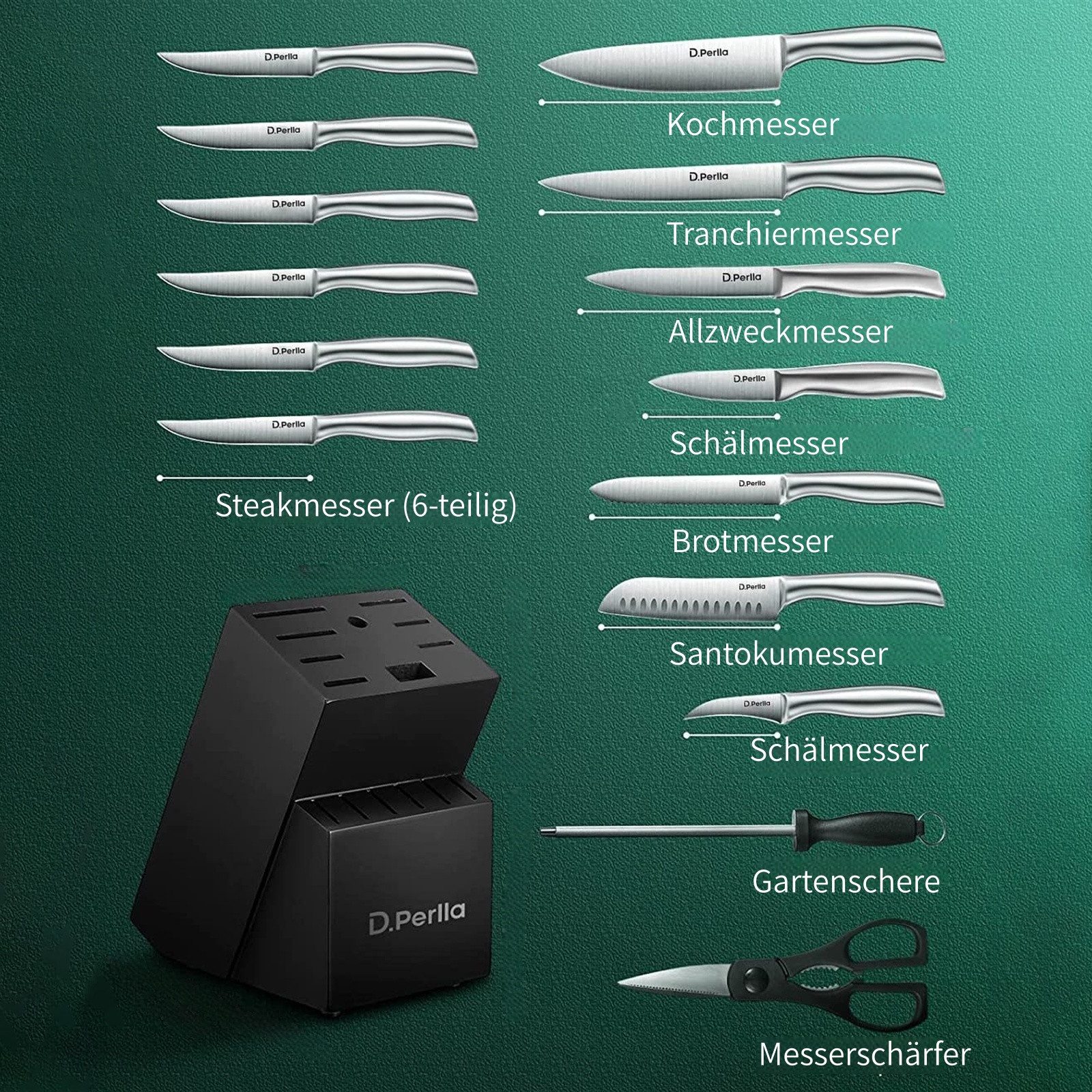 D.Perlla Messer-Set 16-teiliges Küchenmesserset aus Edelstahl mit Holzblock (Set, 16-tlg)