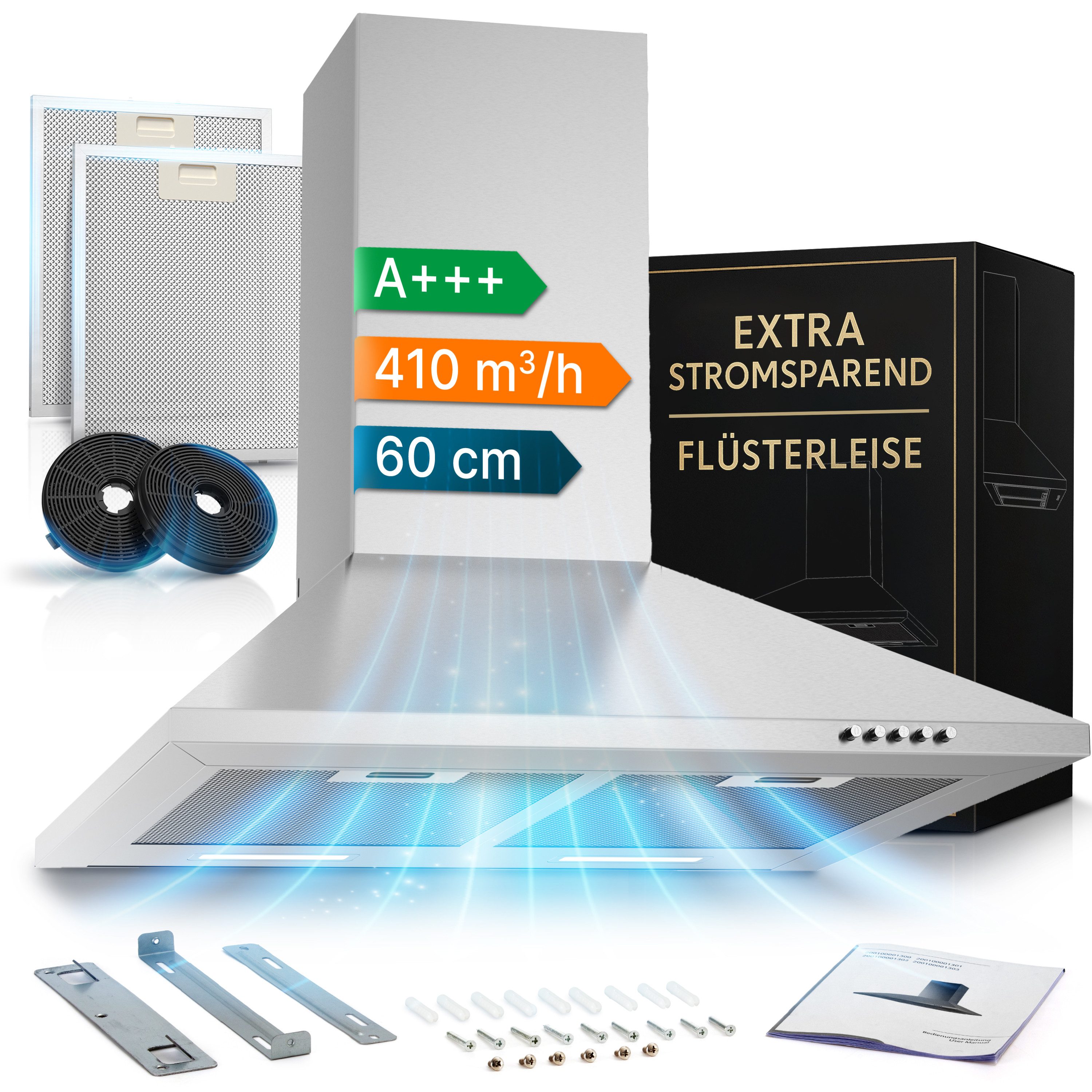 Levivo Wandhaube A+++ Dunstabzugshaube 60cm und 90cm Umluft & Abluft mit 410 m³/h A+++ Dunstabzugshaube 60cm und 90cm Umluft & Abluft mit 410 m³/h, Aktivkohlefiltern, Fettfiltern, LED-Beleuchtung