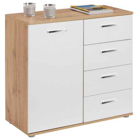 CARO-Möbel Kommode CHICAGO, Kommode Sideboard Highboard 4 Schubladen, 1 Tür in Wotan Eiche/weiß