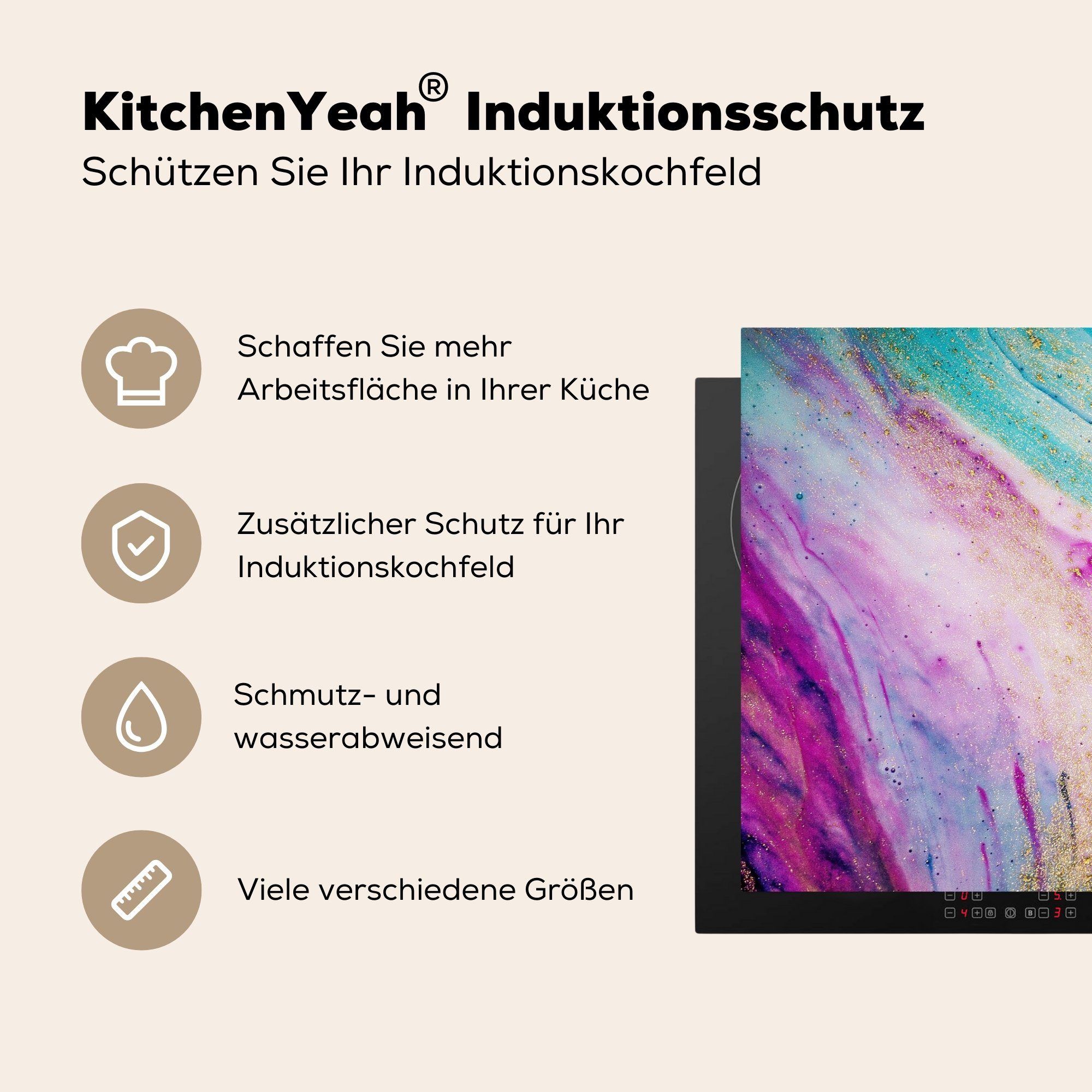 Herdblende-/Abdeckplatte Induktionskochfeld Vinyl, - (1 die Marmor - Regenbogen, cm, für Farbe küche, tlg), 81x52 MuchoWow Ceranfeldabdeckung Schutz