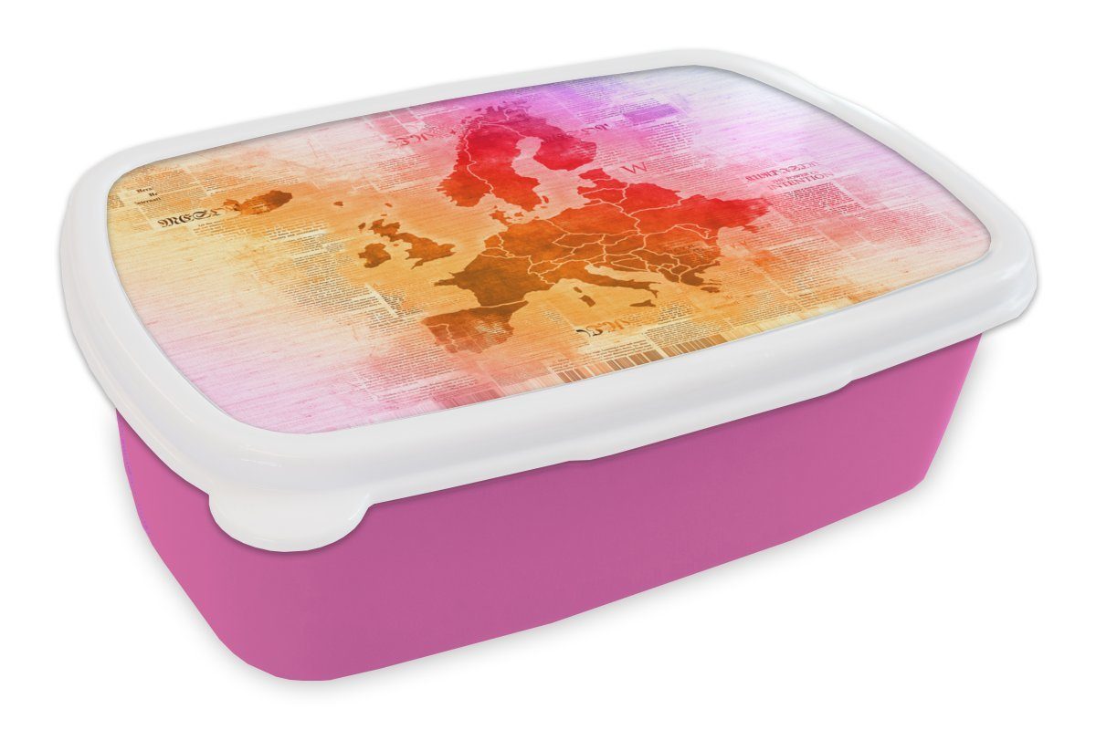 MuchoWow Lunchbox Karte - Europa - Farbenfroh, Kunststoff, (2-tlg), Brotbox für Erwachsene, Brotdose Kinder, Snackbox, Mädchen, Kunststoff rosa