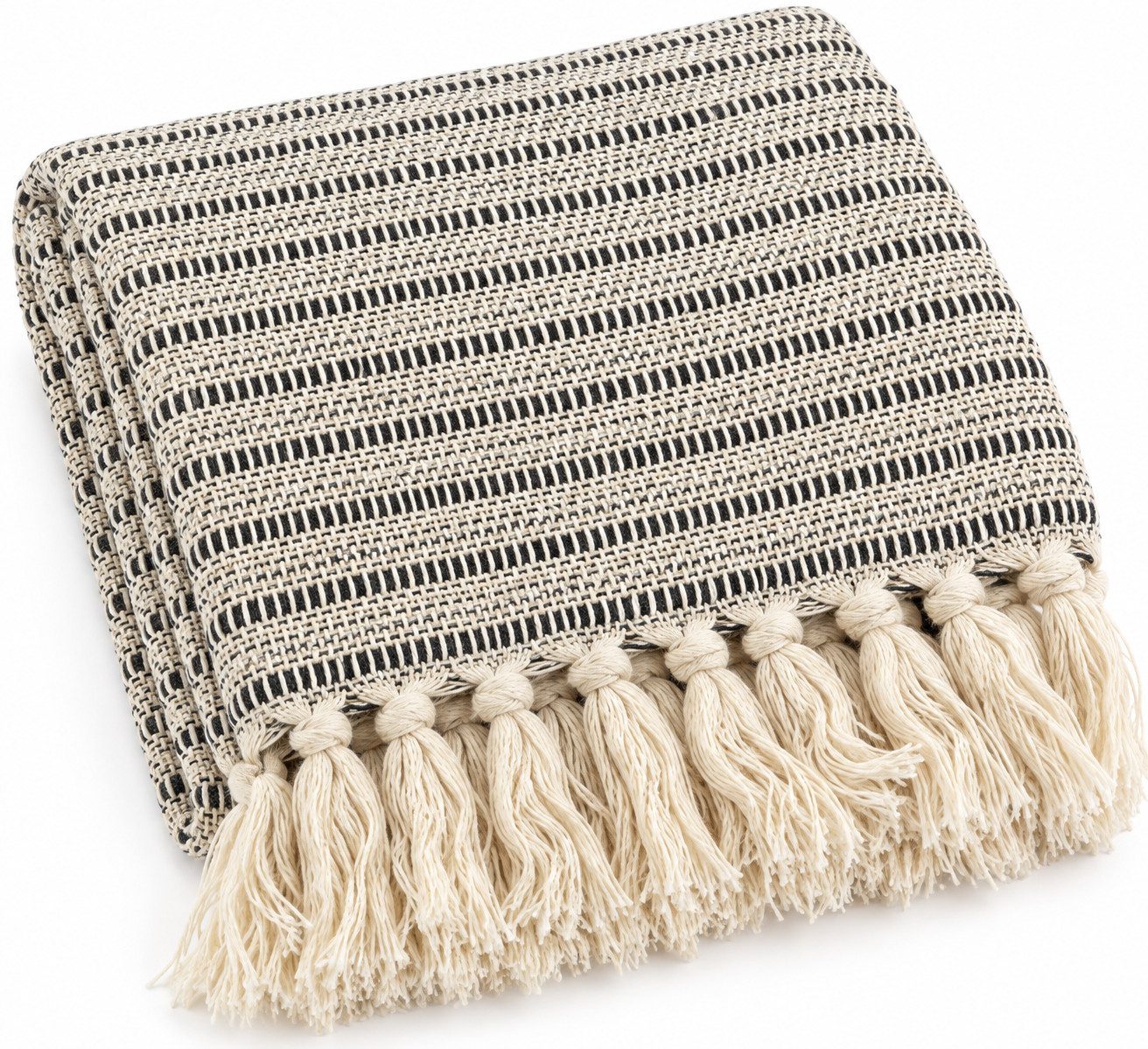 Wohndecke Throws-Linesinfinity-Grey, AU Maison, Stilvolle Baumwolldecke mit Fransen 130x180 cm