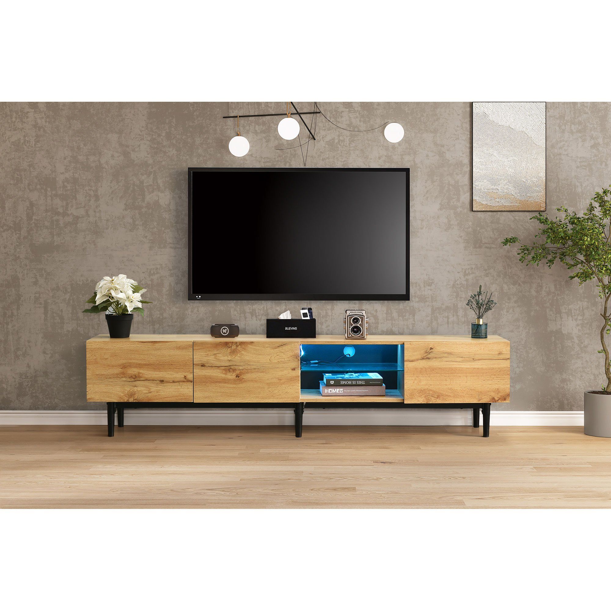 Ulife Lowboard Beige TV-Schrank mit Holzmaserung & LED-Beleuchtung (Packung), Drei Schubladen und zwei Fächer