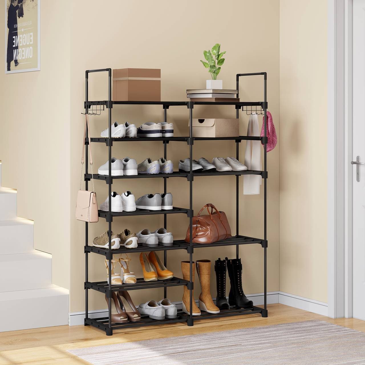 EUGAD Schuhregal, 1-tlg., aus Metall, mit 7 Ebenen, 10 Haken, schwarz günstig online kaufen