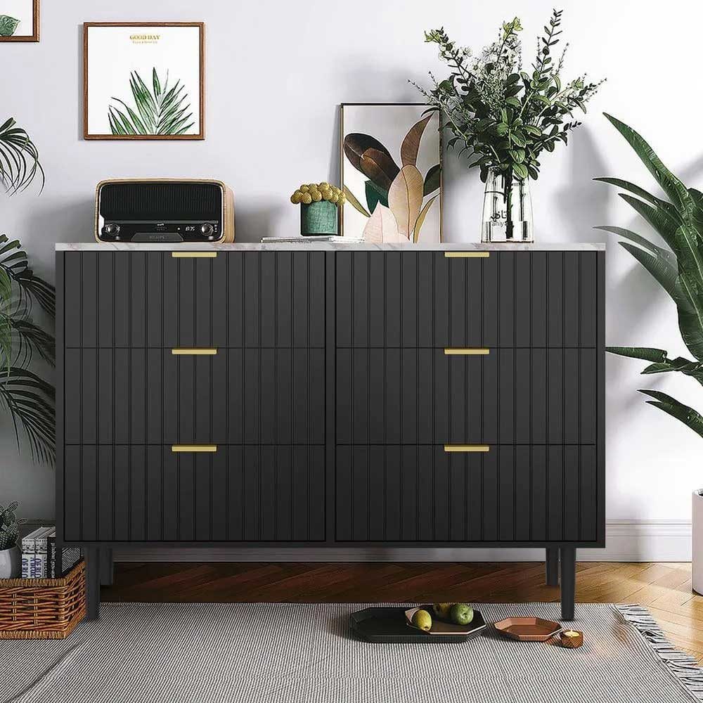 UEV Kommode mit 6 Schubladen Sideboard TV Board für Wohnzimmer,Schlafzimmer (Schrank mit Füße/Metallgriffe, Aufbewahrungsschrank viel Stauraum Highboard Schmal Buffet modern), 100 x 34 x 75cm, marmorfarbrig Mehrzweckschrank aus Holz für Büro Flur