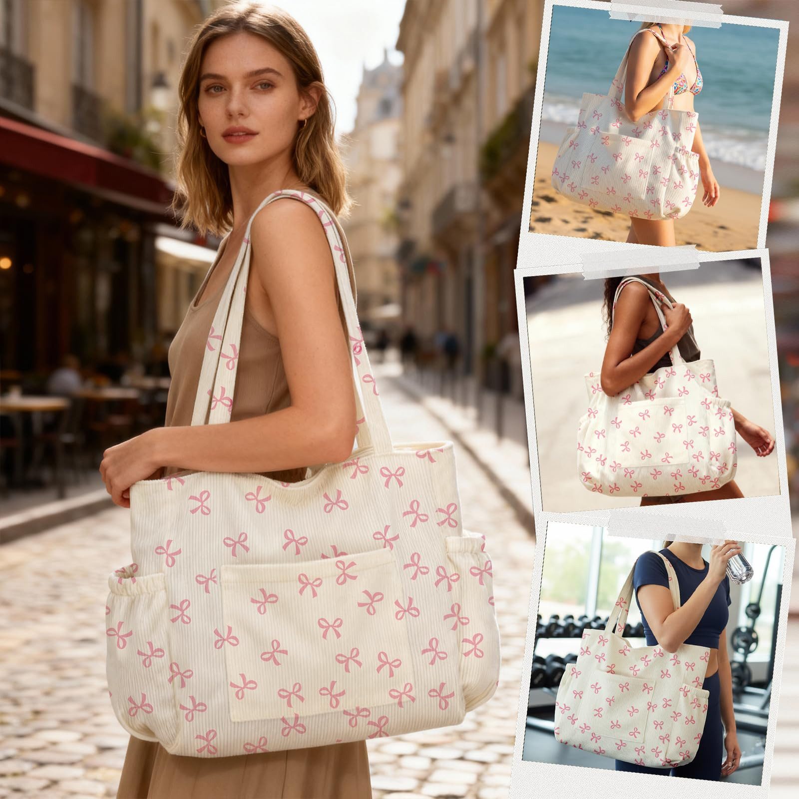 Zaewry Umhängetasche Cord-Shopper für Damen, Schultertasche, stylische Tragetasche, mit 6 Fächern – Umhängetasche für Arbeit, Reisen & Fitnessstudio