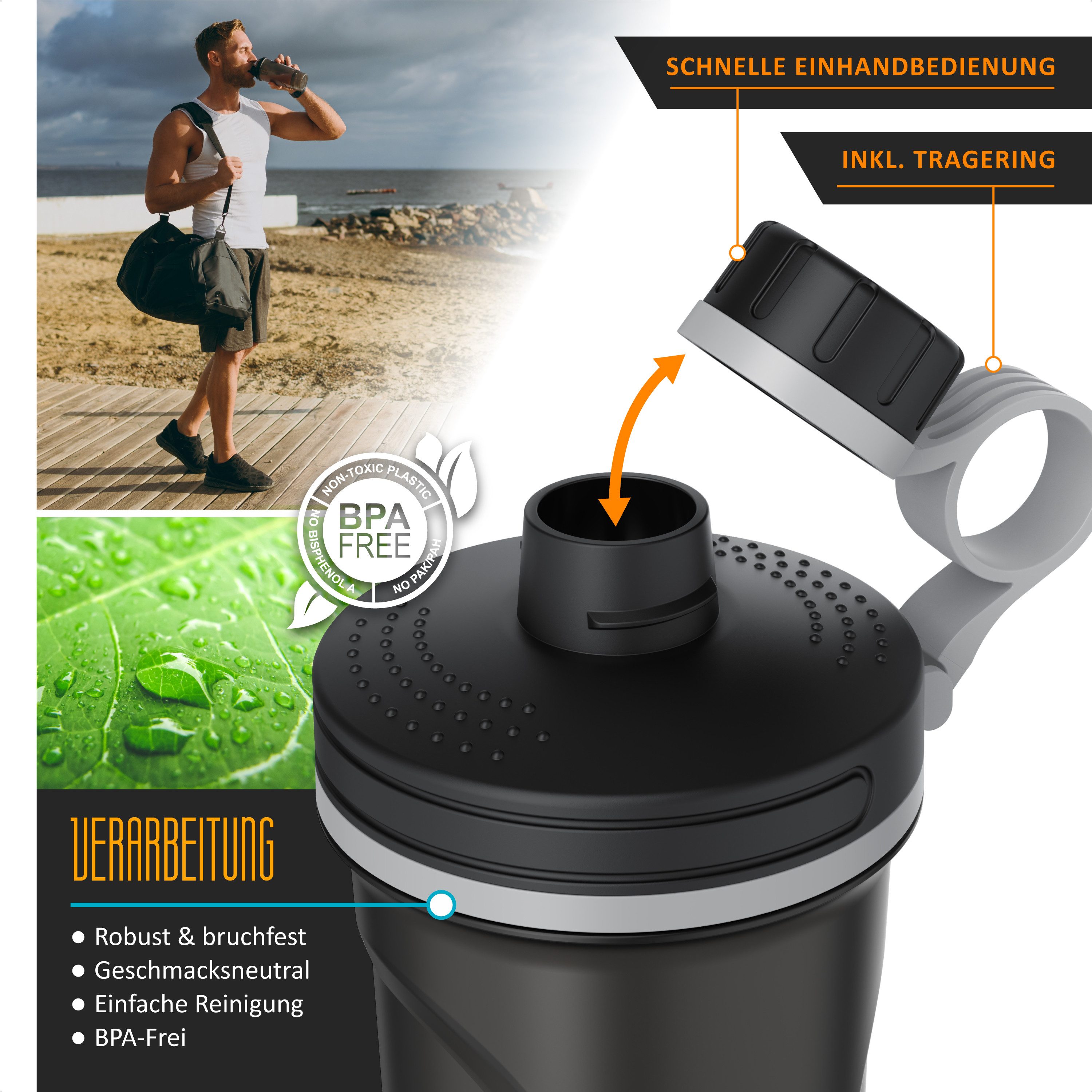 Arendo Protein Shaker Elektrischer Eiweißshaker 700 ml, verschließbar, spülmaschinengeeignet, Kunststoff (BPA-frei), (1-tlg), Mixbecher, Tragegriff, BPA-frei, für unterwegs, Yoga, Finess, Sport
